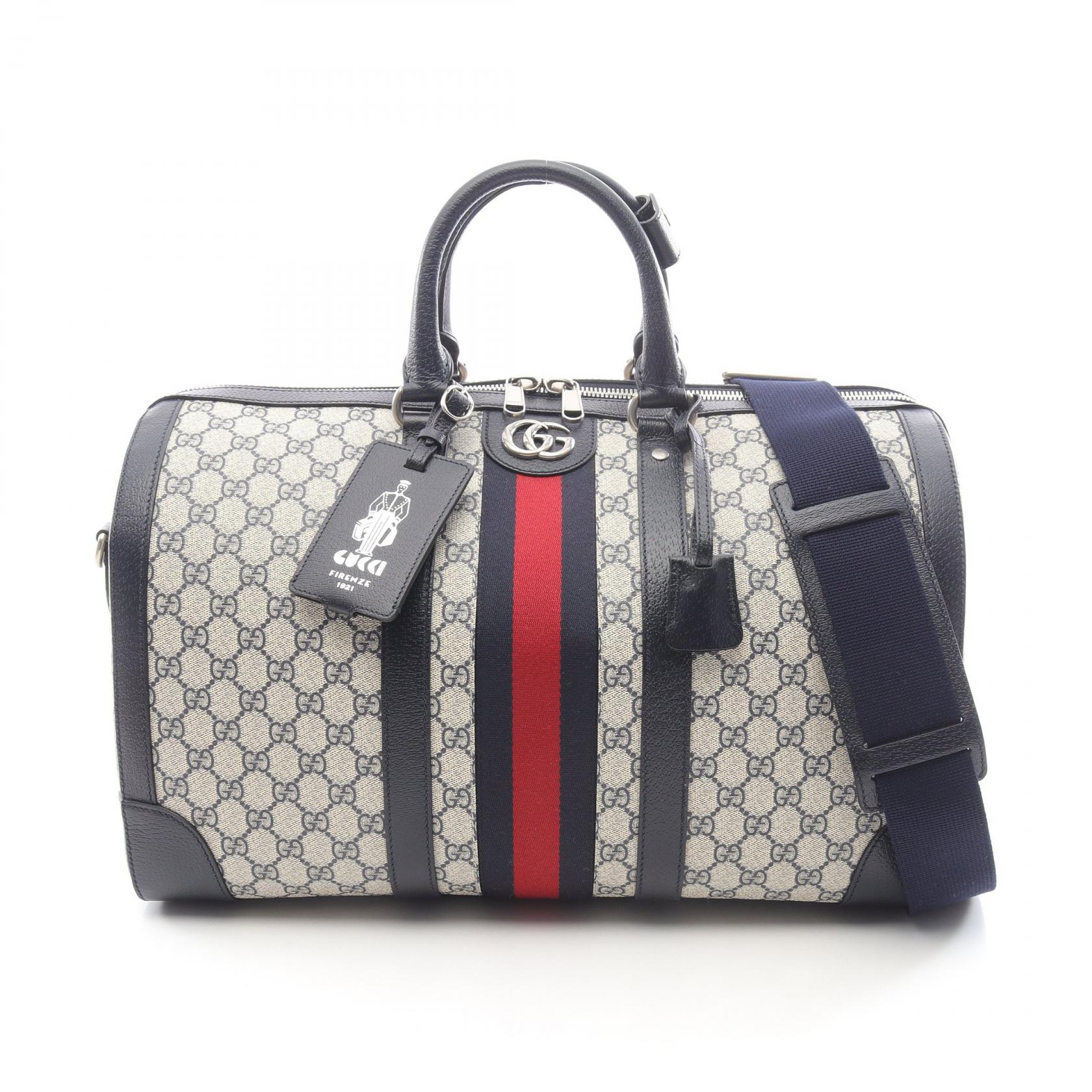 グッチ GUCCI ミディアム ダッフルバッグ GGスプリーム ボストンバッグ バッグ PVCコーティングキャンバス レザー アイボリー系 / ネイビー系 724642 【中古】