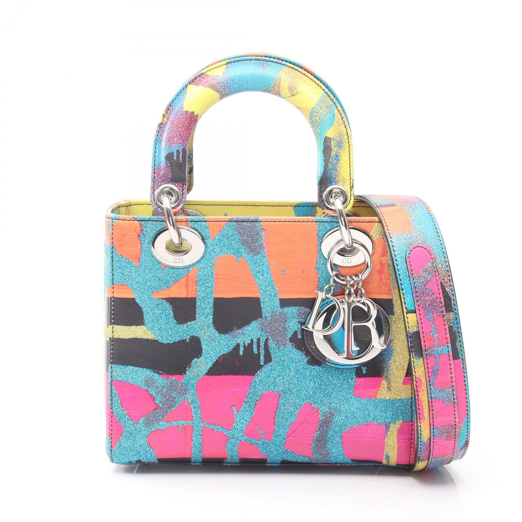 【15%OFFクーポン対象 4/4 20時-4/10 23:59】ディオール Dior レディディオール スモール Christian Dior × Chris Martin ハンドバッグ バッグ レザー グリッター マルチカラー 【中古】
