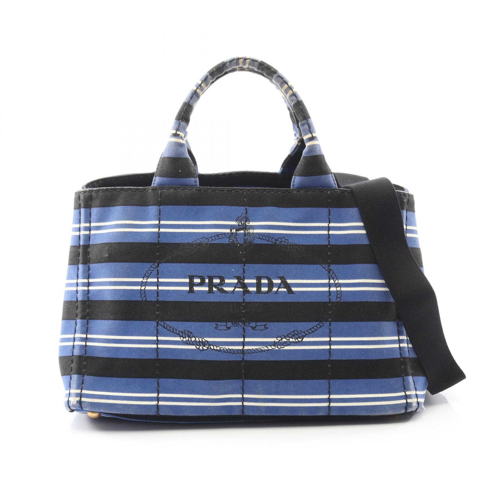 【20%OFFクーポン対象 4/4 20時-4/10 23:59】プラダ PRADA CANAPA カナパ トートバッグ バッグ キャンバス ブルー系 / ブラック系 / ホワイト系 【中古】 46,200円