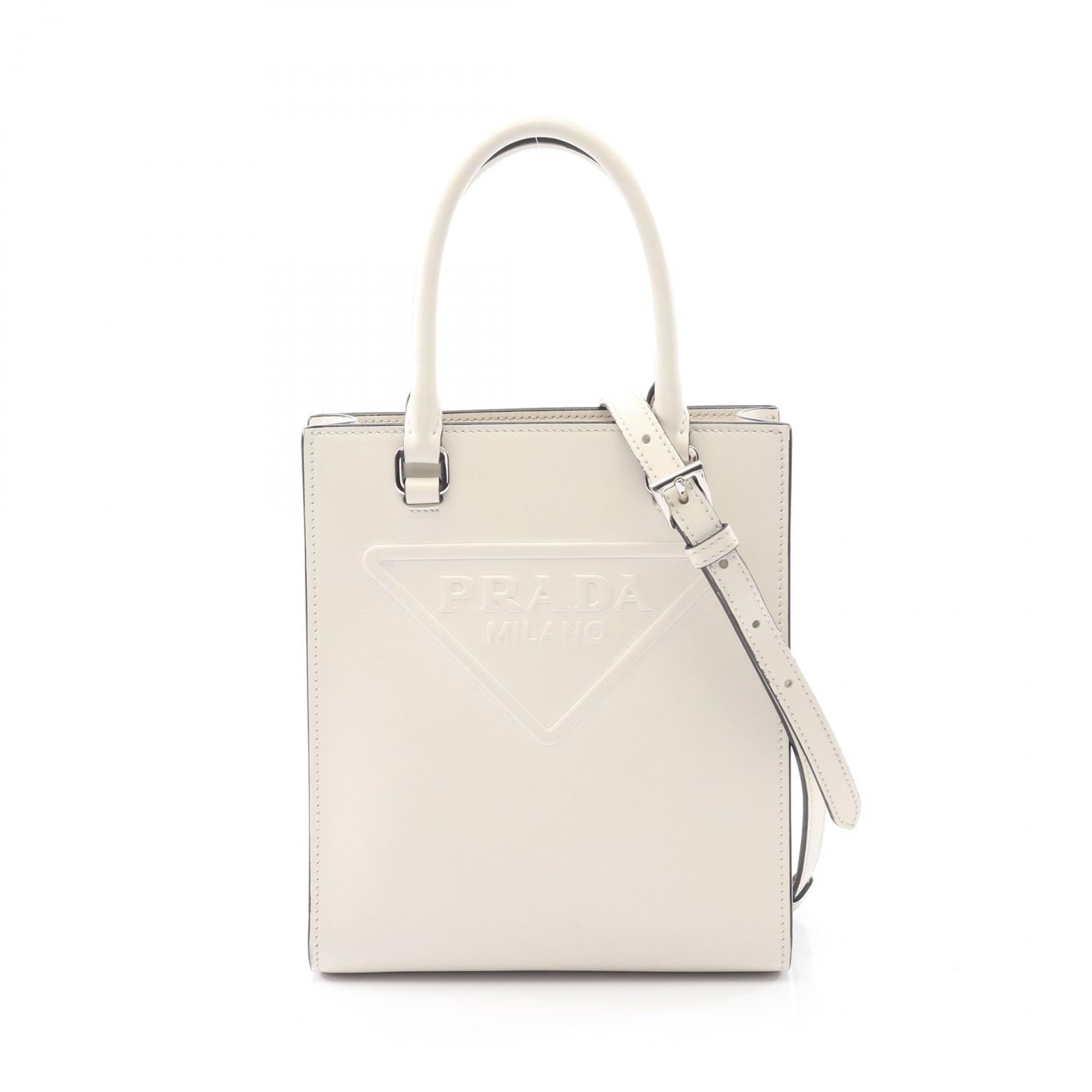 プラダ PRADA エンボスロゴ ハンドバッグ バッグ レザー ホワイト系 1BA333 【中古】