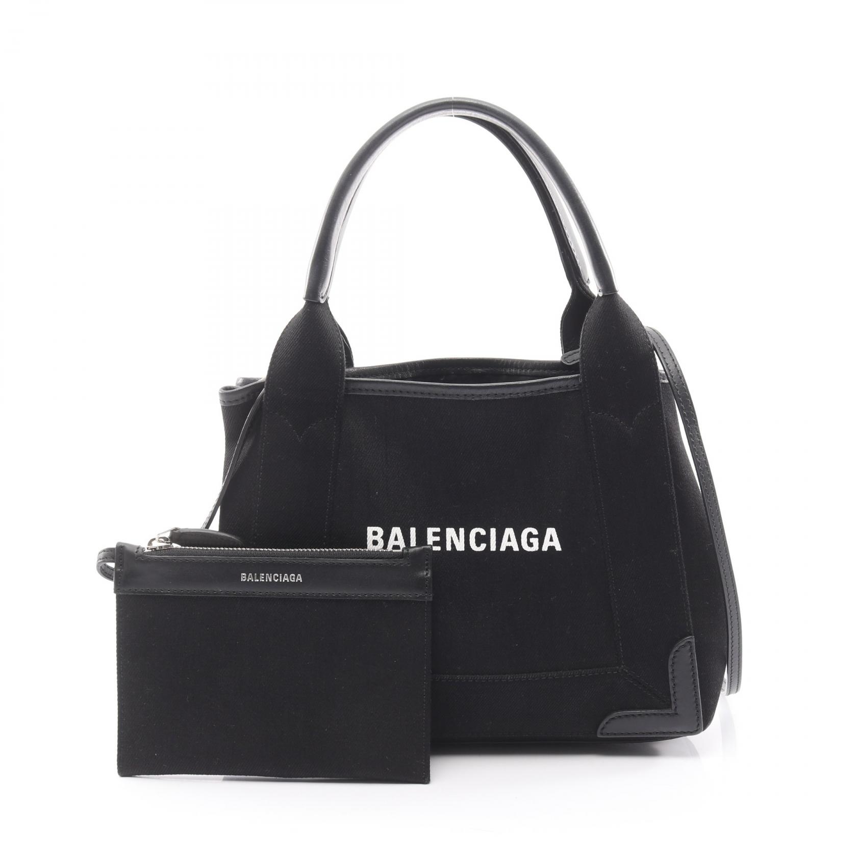 バレンシアガ BALENCIAGA ネイビーカバ XS ハンドバッグ バッグ キャンバス レザー ブラック系 390346 【中古】