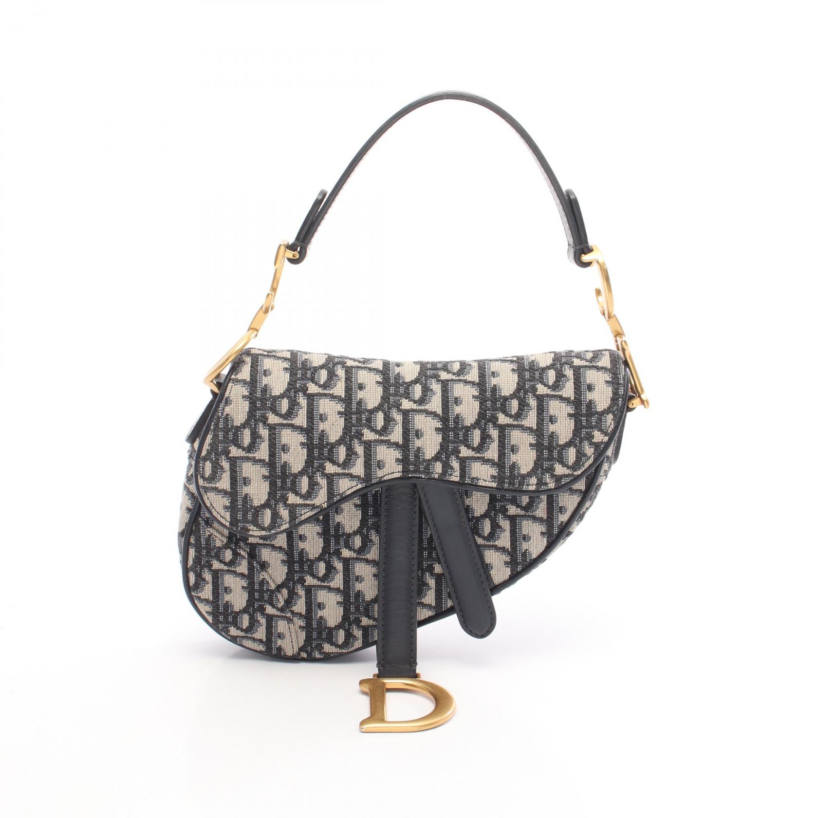 ディオール Dior サドルバッグ ミニ オブリークジャカード ハンドバッグ バッグ キャンバス レザー アイボリー系 / ネイビー系 【中古】