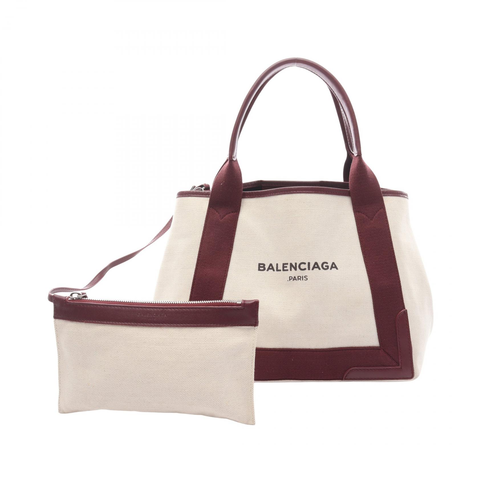 バレンシアガ BALENCIAGA NAVY CABAS S ネイビーカバ トートバッグ バッグ キャンバス レザー アイボリー系 / ボルドー系 【中古】