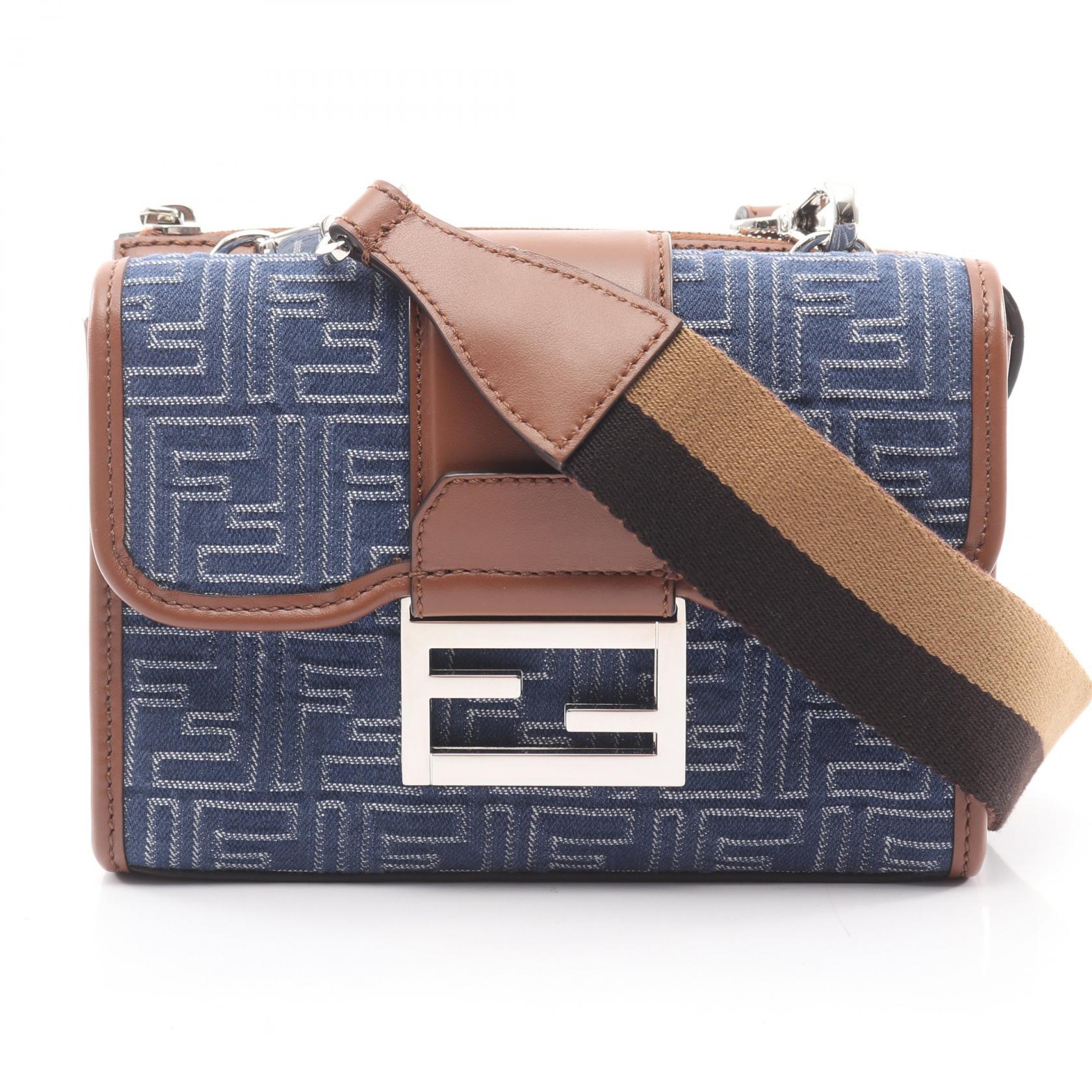 【15%OFFクーポン対象 4/4 20時-4/10 23:59】フェンディ FENDI ダブルバゲット ズッカ ショルダーバッグ バッグ キャンバス レザー ネイビー系 / ブラウン系 7VA649 【中古】