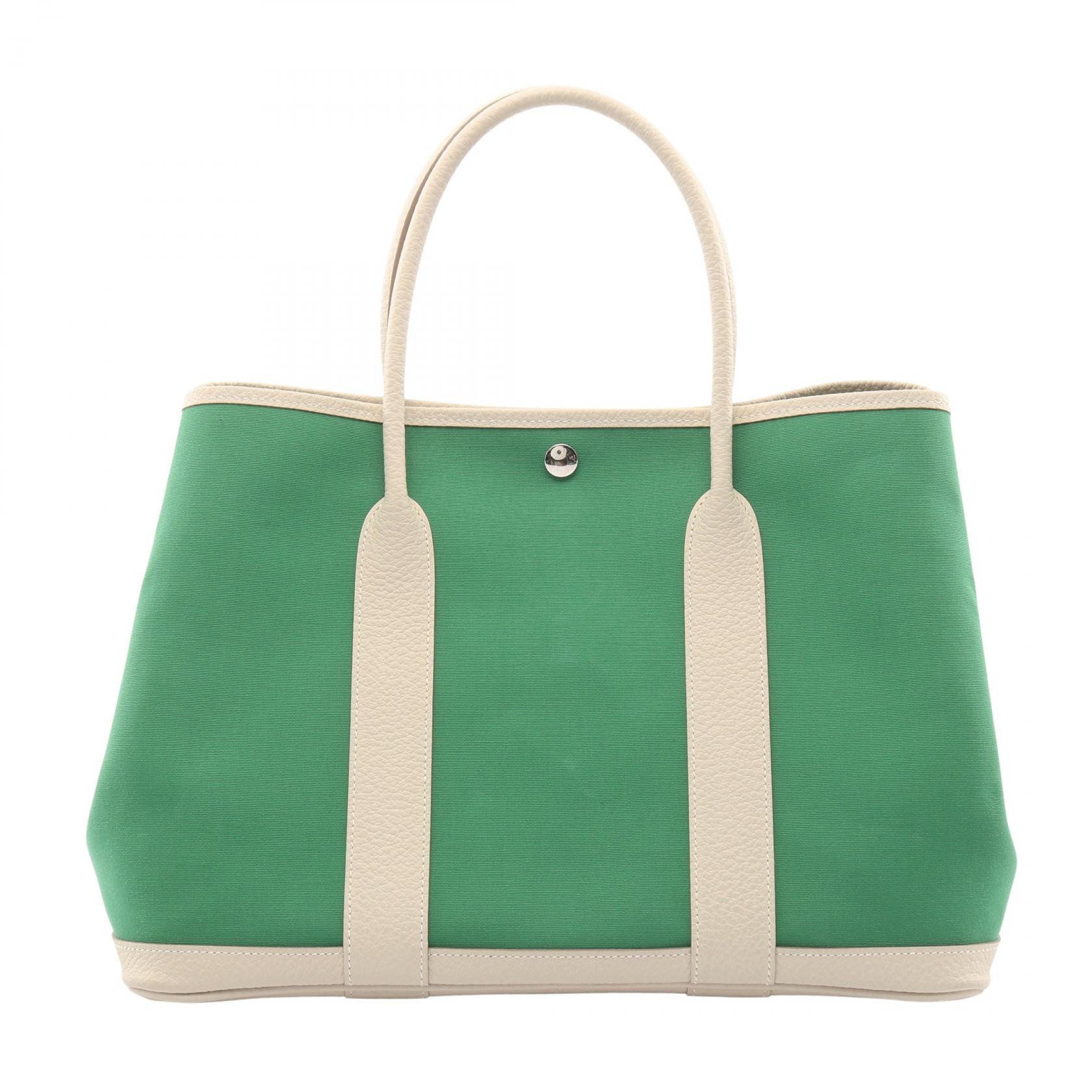 エルメス HERMES ガーデンパーティPM トートバッグ バッグ キャンバス カーフ（牛革） トワルオフィシエ / ヴァッシュカントリー トワルオフィシエ グリーン系 / ホワイト系 【中古】