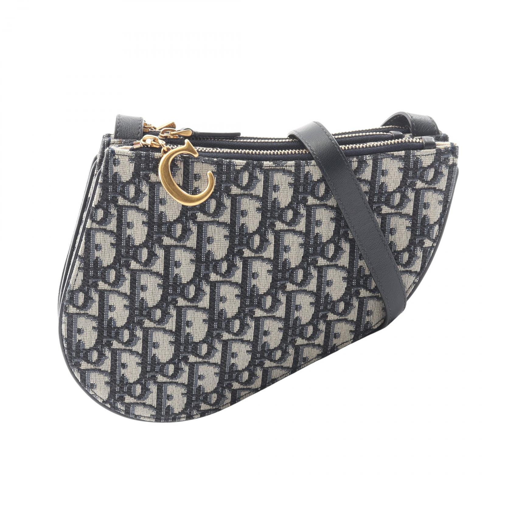 ディオール Dior サドルバッグ オブリーク ショルダーバッグ バッグ キャンバス レザー ベージュ系 / ネイビー系 【中古】