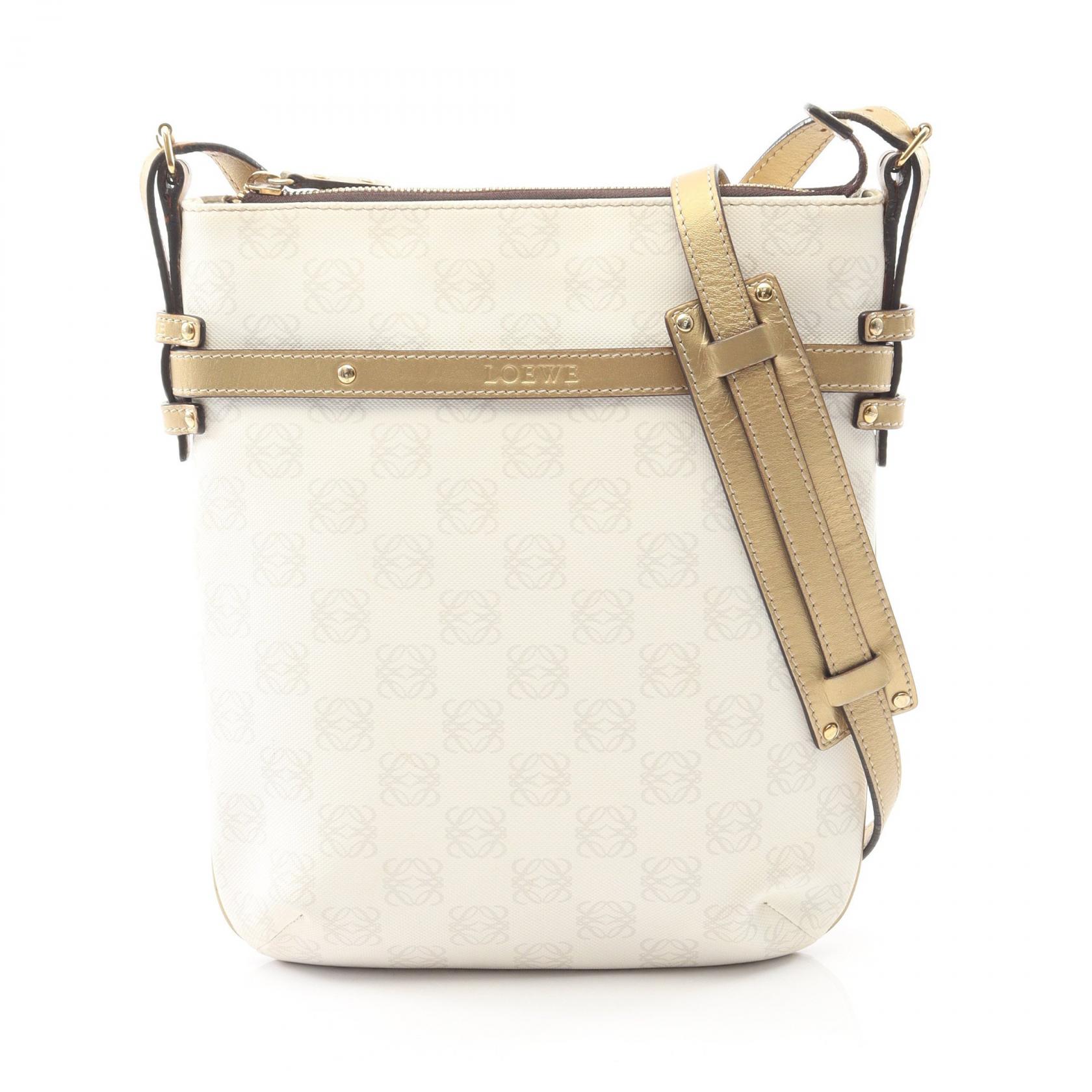 【20%OFFクーポン 7/19 20時～7/26 9:59】ロエベ LOEWE リピートアナグラム ショルダーバッグ バッグ PVCコーティングキャンバス レザー ホワイト系 / ゴールド系 【中古】｜RECLO（リクロ）店