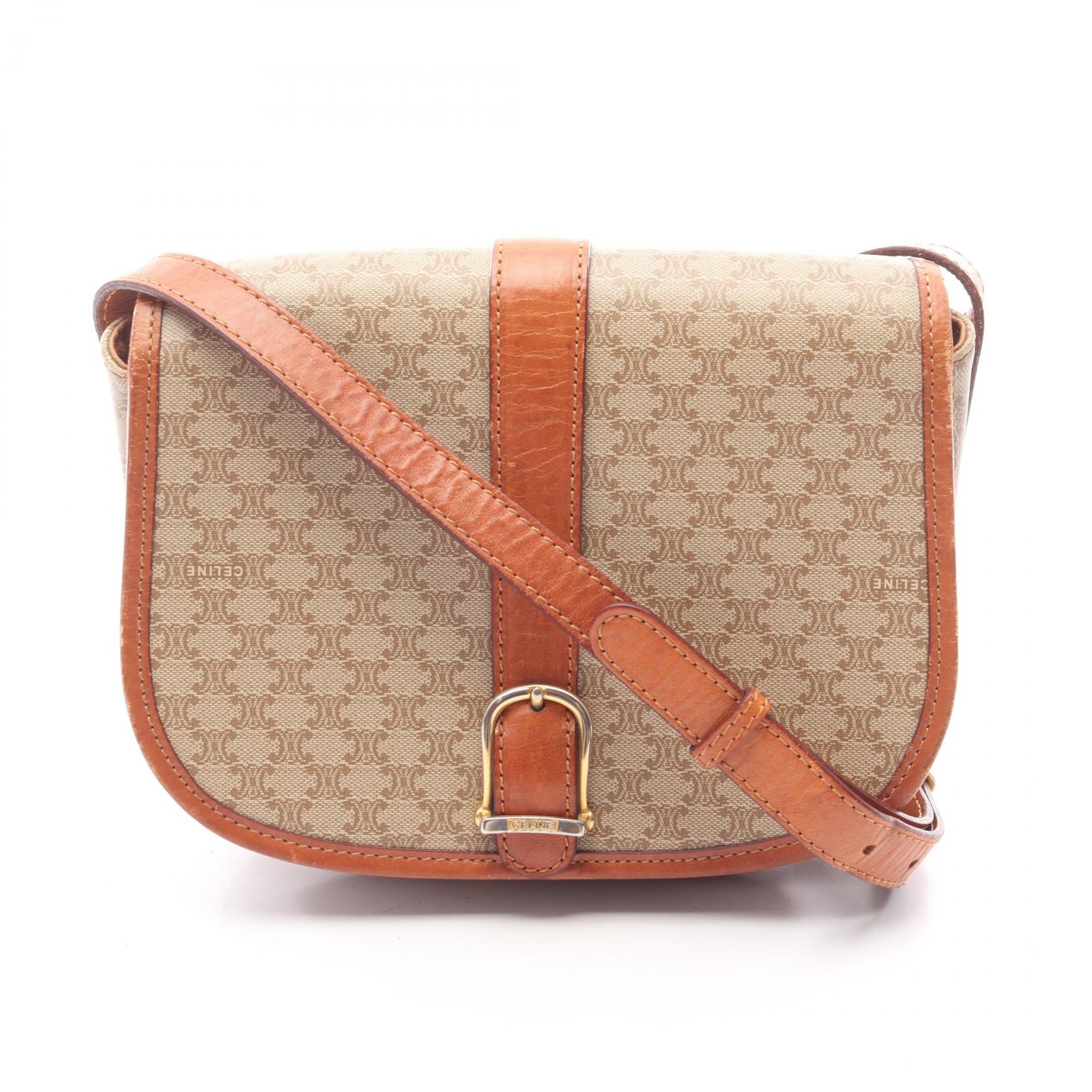 【20%OFFクーポン対象 4/4 20時-4/10 23:59】セリーヌ CELINE マカダム ショルダーバッグ バッグ PVCコーティングキャンバス レザー ベージュ系 / ブラウン系 【中古】