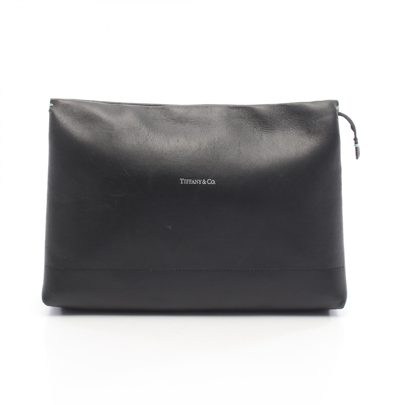 【20%OFFクーポン対象 4/4 20時-4/10 23:59】ティファニー TIFFANY＆CO ラージショッピングポーチ セカンドバッグ クラッチバッグ バッグ レザー ブラック系 【中古】