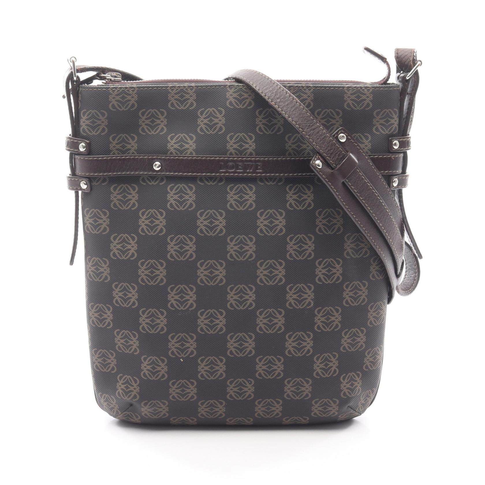 ロエベ LOEWE リピートアナグラム ショルダーバッグ バッグ PVCコーティングキャンバス レザー ブラウン系 【中古】