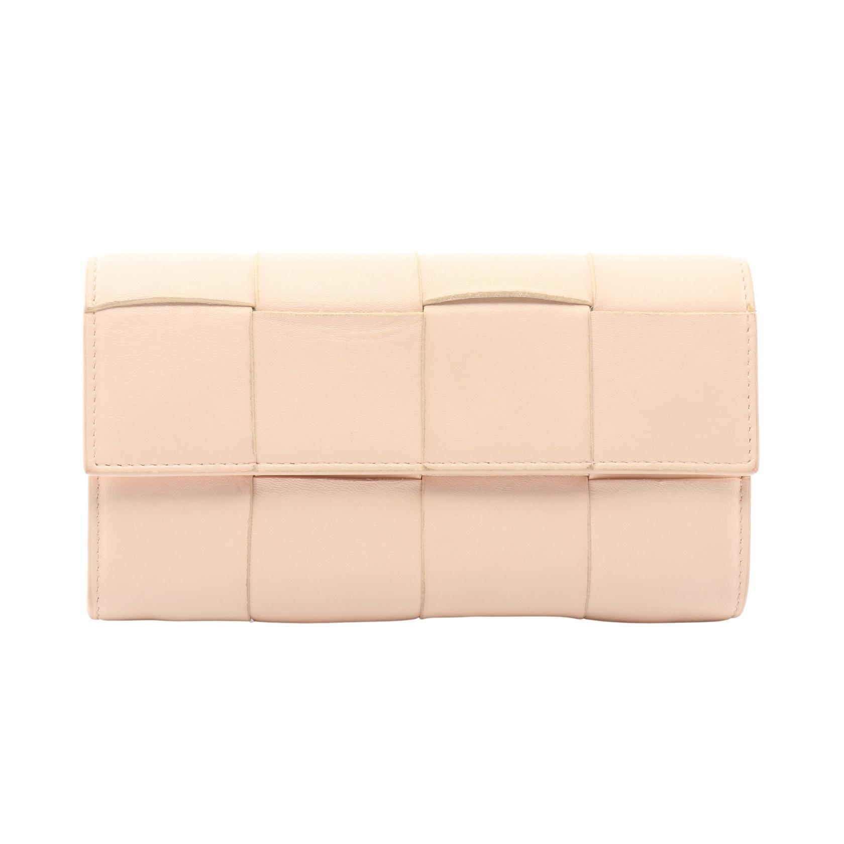 ボッテガヴェネタ BOTTEGA VENETA イントレチャート フラップ ウォレット 長財布 二つ折り長財布 財布 レザー ピンク系 【中古】