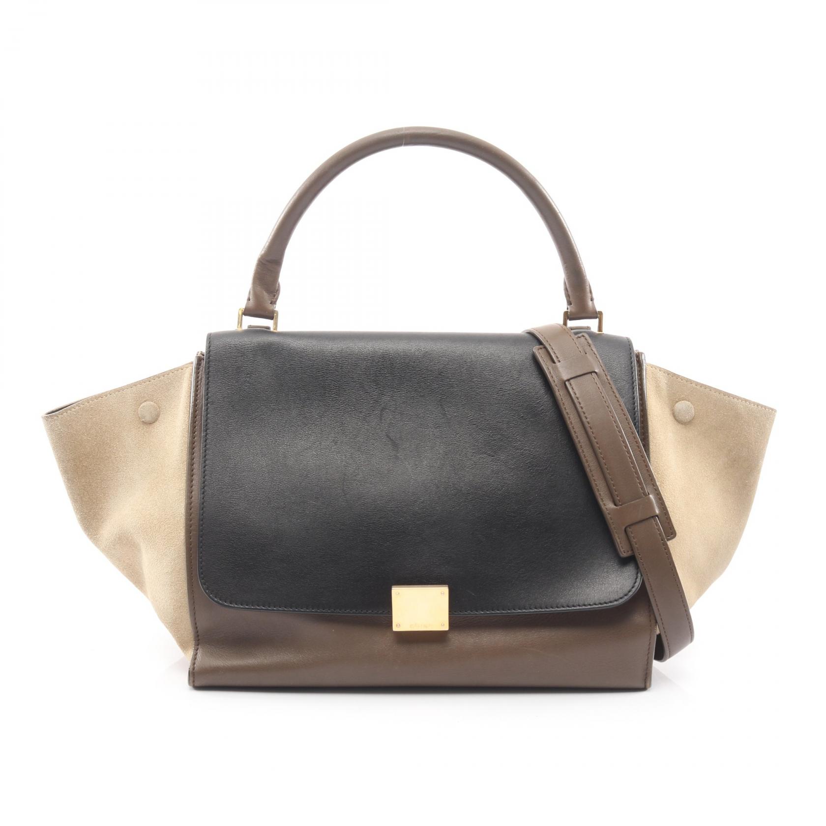 【20%OFFクーポン対象 4/4 20時-4/10 23:59】セリーヌ CELINE トラペーズ ミディアム ハンドバッグ バッグ レザー スウェード グレー系 / ブラック系 / カーキ系 169542 【中古】