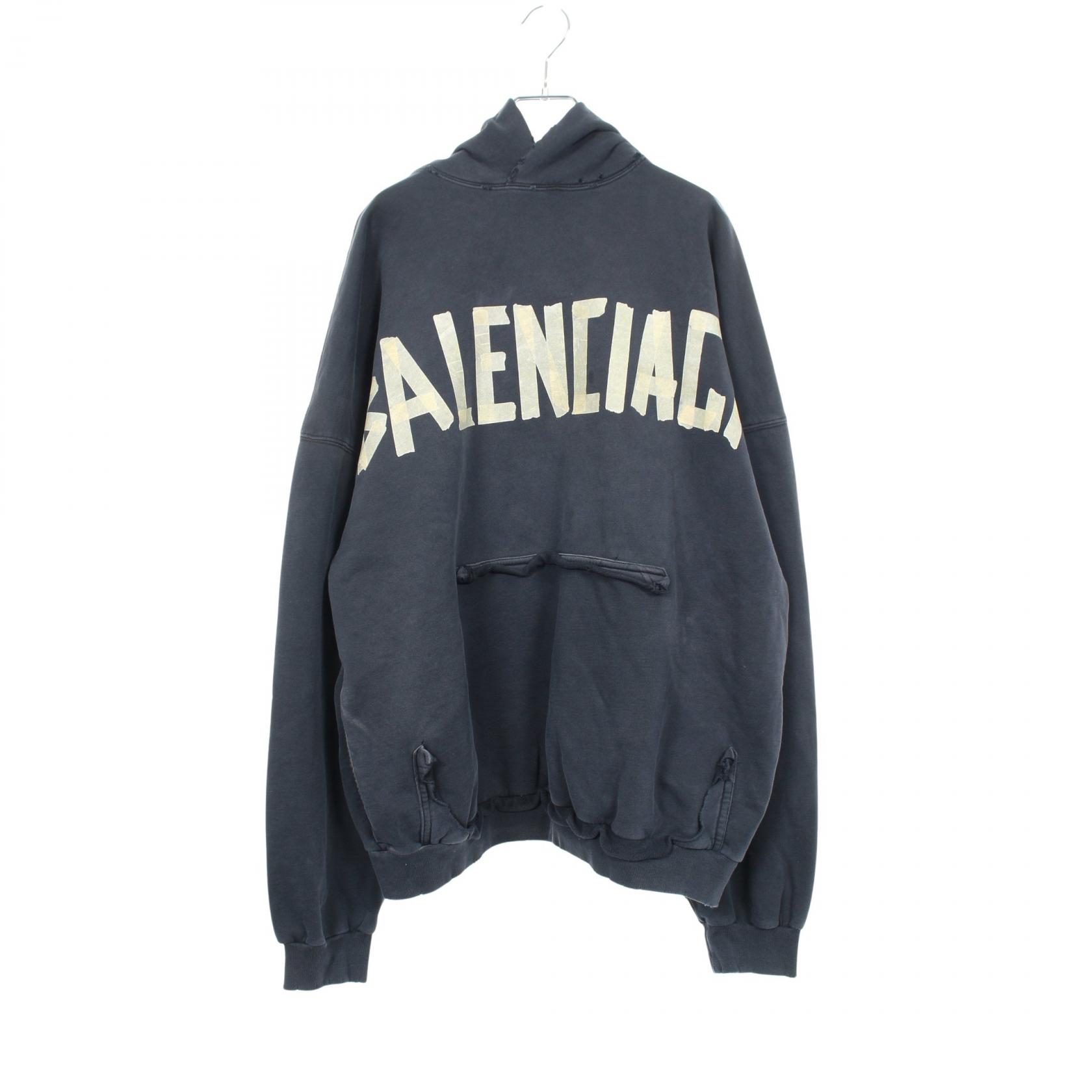 バレンシアガ BALENCIAGA TAPE TYPE RIPPED POCKET HOODIE ダメージ加工 パーカー 衣料品 トップス コットン ブラック系 744190 【中古】
