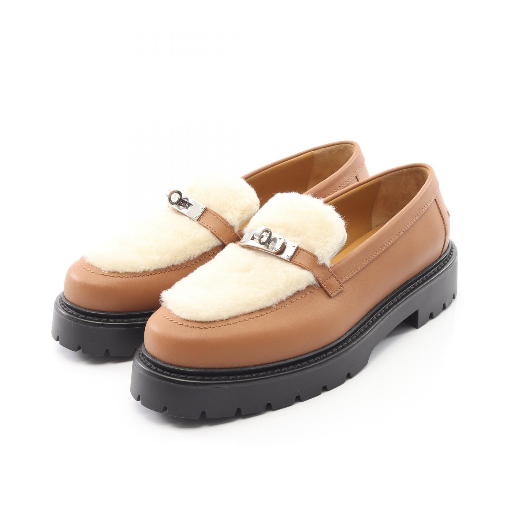 エルメス HERMES アイコン ケリーバックル モカシン 靴 レザー ムートン ブラウン系 / ホワイト系 【中古】