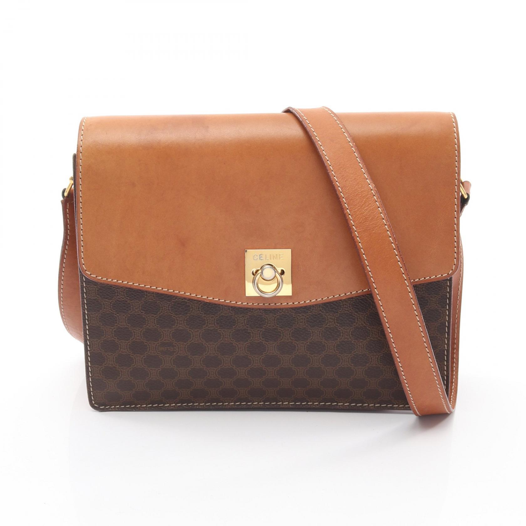 【20%OFFクーポン対象 4/4 20時-4/10 23:59】セリーヌ CELINE マカダム ショルダーバッグ バッグ PVCコーティングキャンバス レザー ブラウン系 【中古】