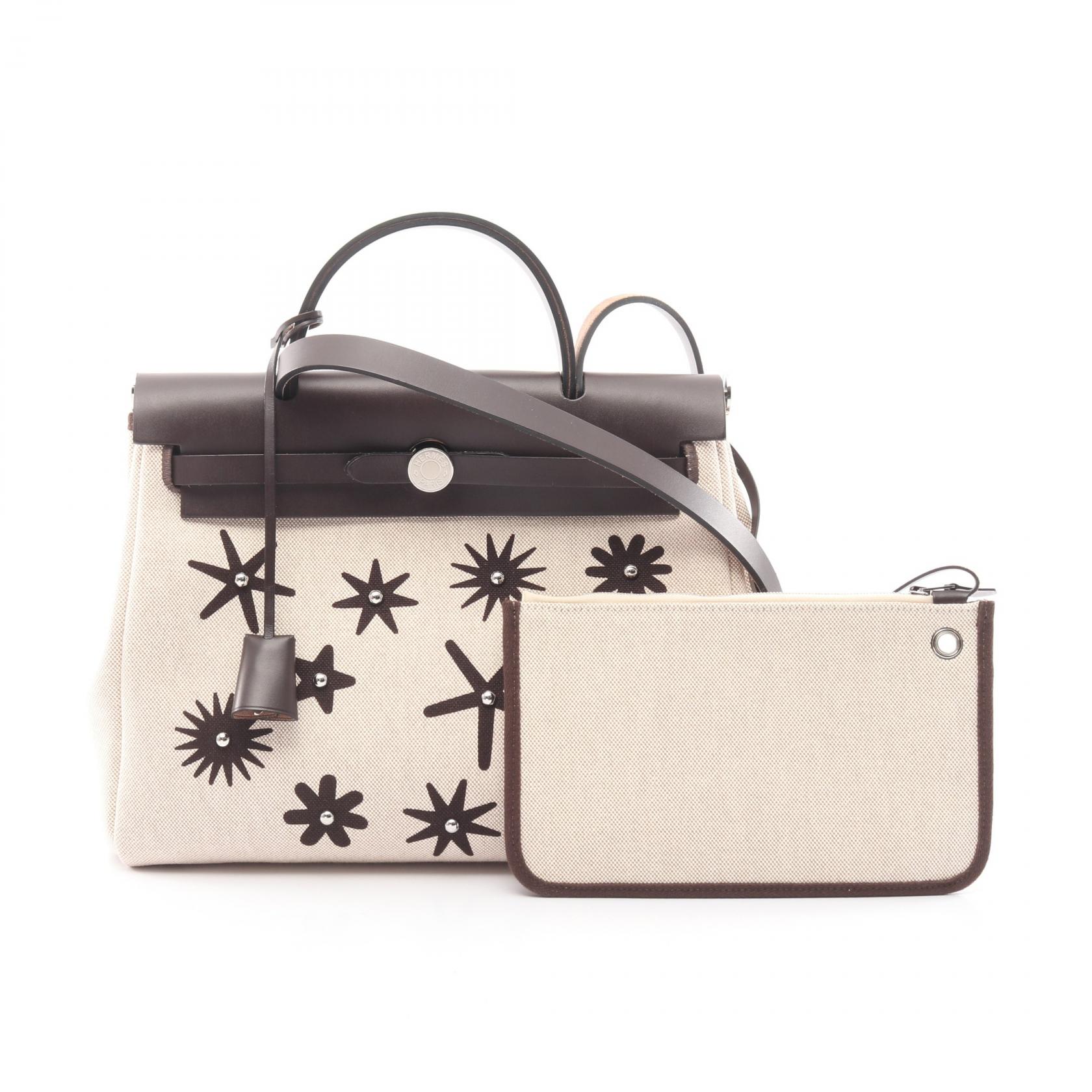 エルメス HERMES エールバッグジップPM ホブネイル エクリュ エベヌ ハンドバッグ バッグ トワルアッシュ / ヴァッシュハンター トワルアッシュ ベージュ系 / ブラウン系 【中古】