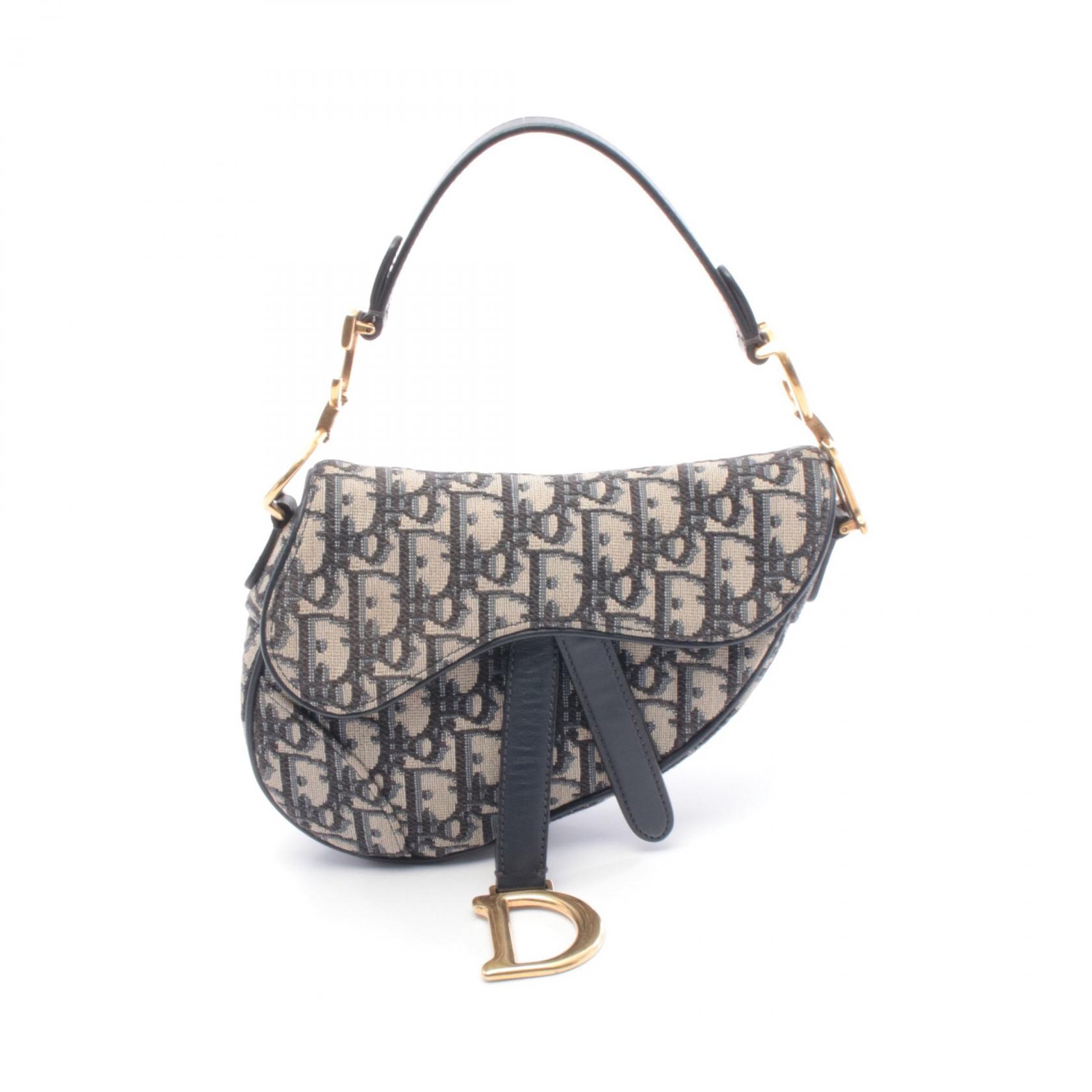 ディオール Dior SADDLE サドル オブリーク ハンドバッグ バッグ キャンバス レザー ネイビー系 / ベージュ系 【中古】