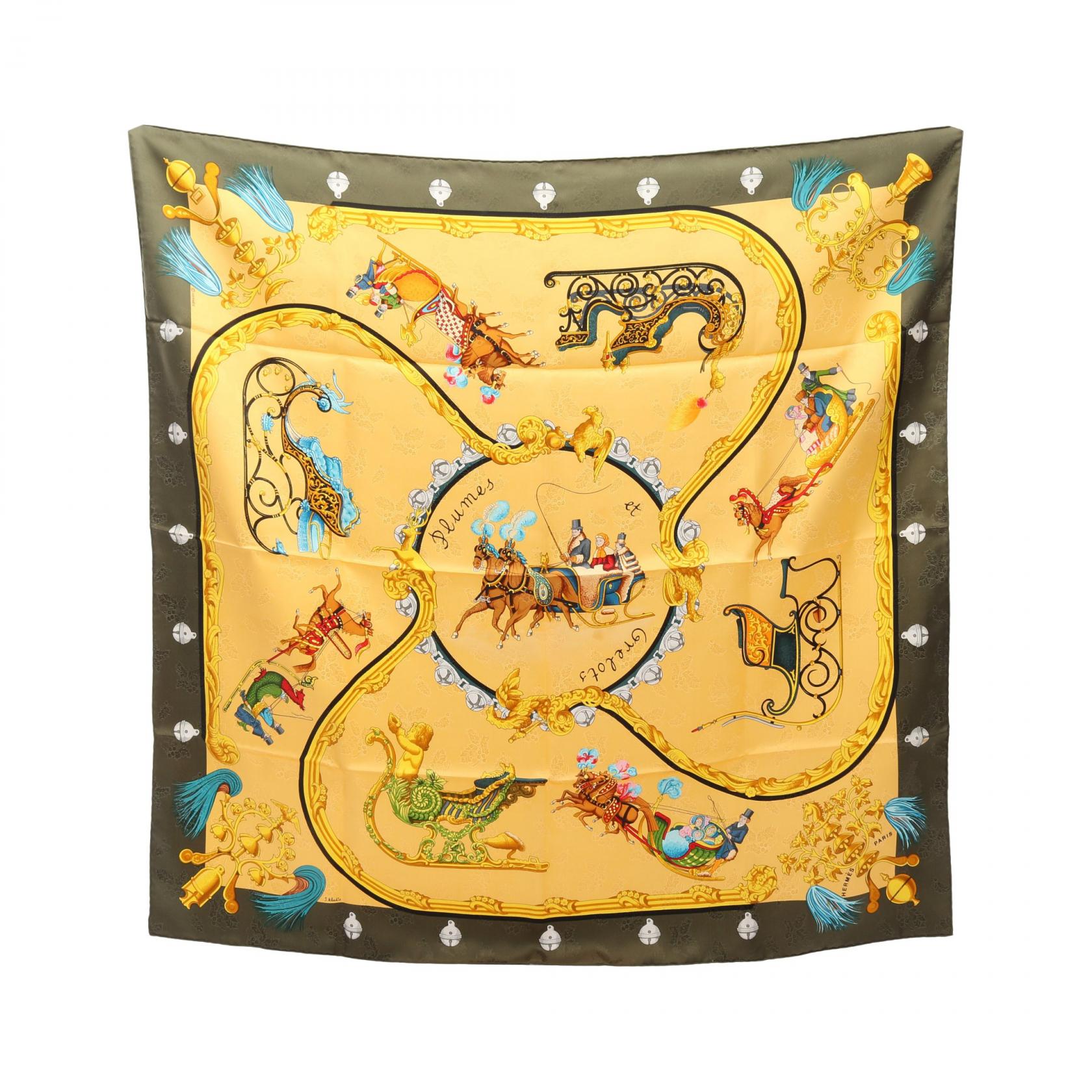 エルメス HERMES カレ90 Plumes et Grelots スカーフ 衣料品 シルク シルク イエロー系 / カーキ系 / マルチカラー 【中古】