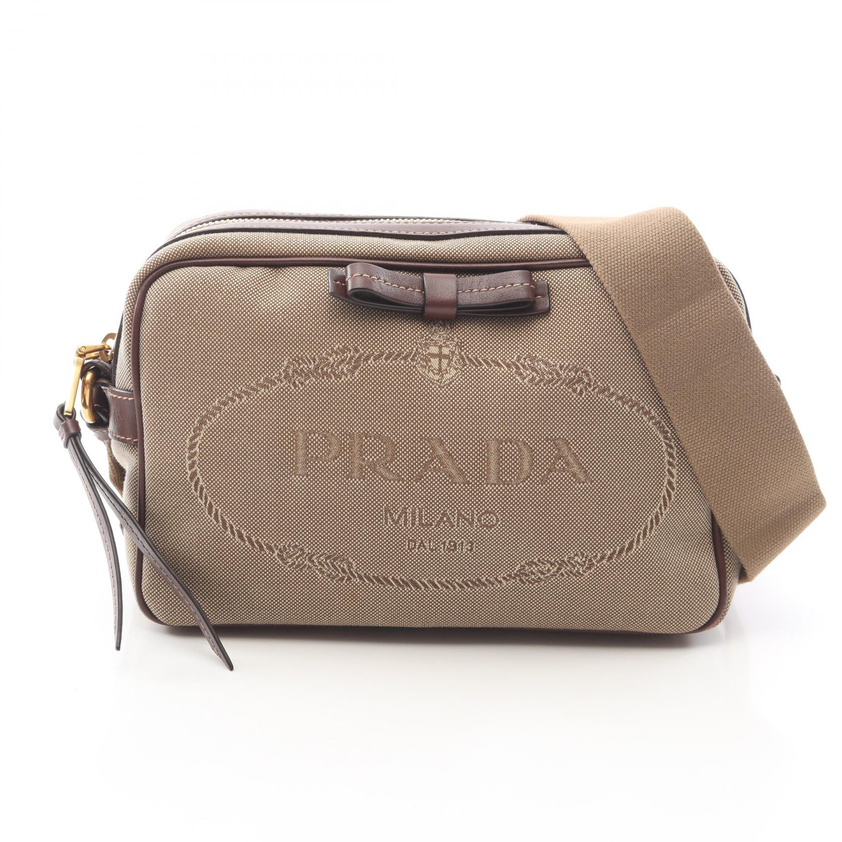 【15%OFFクーポン対象 4/4 20時-4/10 23:59】プラダ PRADA LOGO JACQUARD ロゴジャガード ショルダーバッグ バッグ キャンバス レザー ベージュ系 / ブラウン系 【中古】
