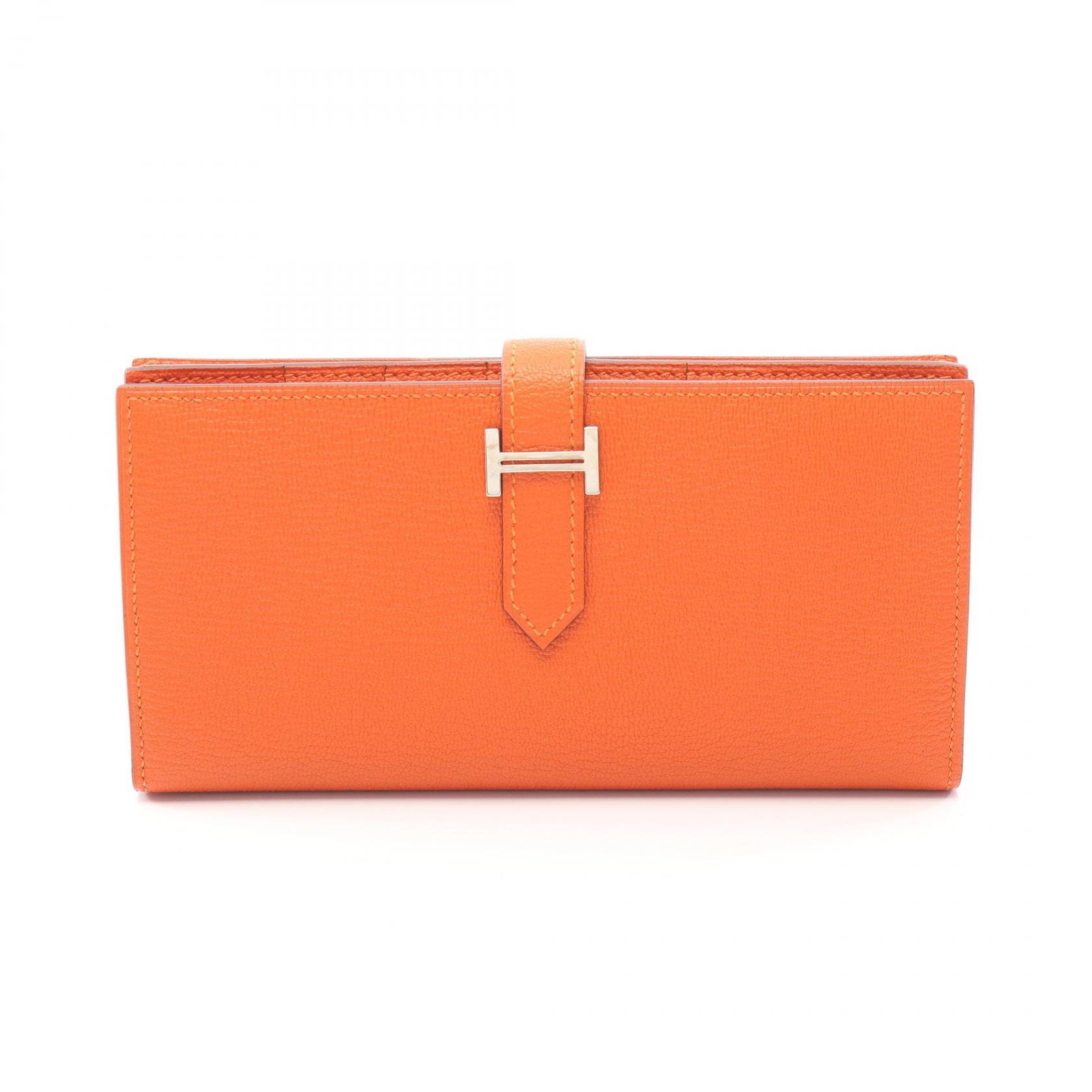 エルメス HERMES ベアンスフレ 二つ折り長財布 財布 レザー シェーブル シェーブル オレンジ系 【中古】