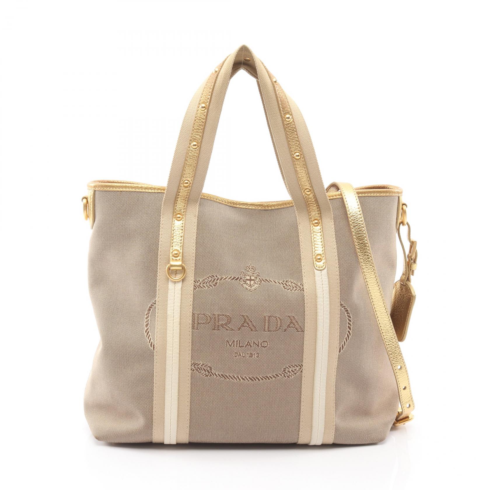 プラダ PRADA LOGO JACQUARD ロゴジャガード ハンドバッグ バッグ キャンバス レザー ベージュ系 / ゴールド系 BN1453 【中古】