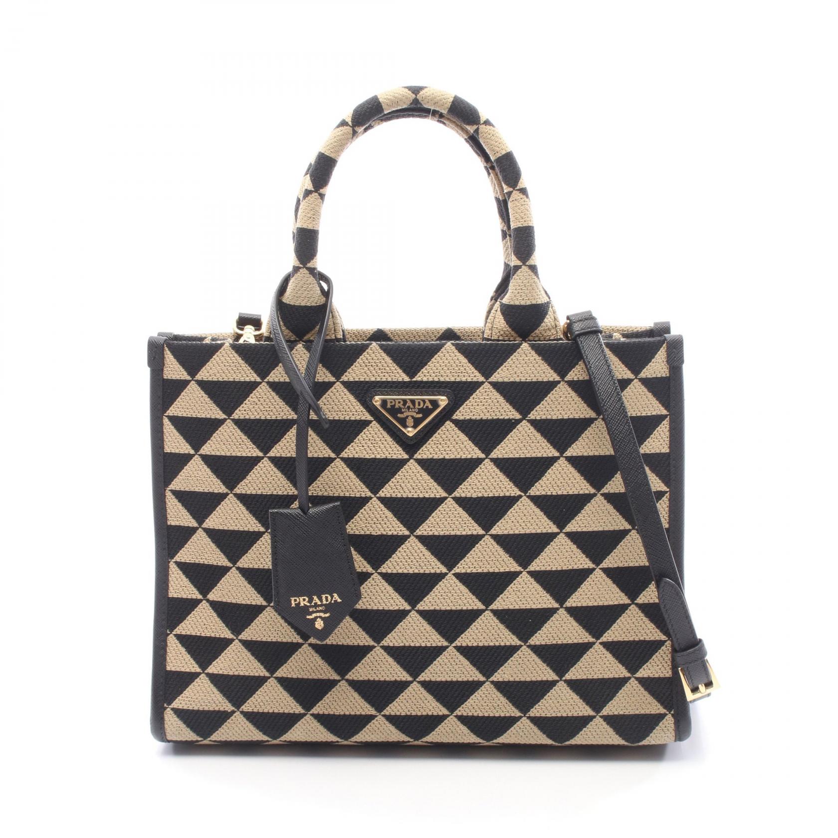 プラダ PRADA シンボル スモール トートバッグ バッグ キャンバス レザー ベージュ系 / ブラック系 1BA354 【中古】