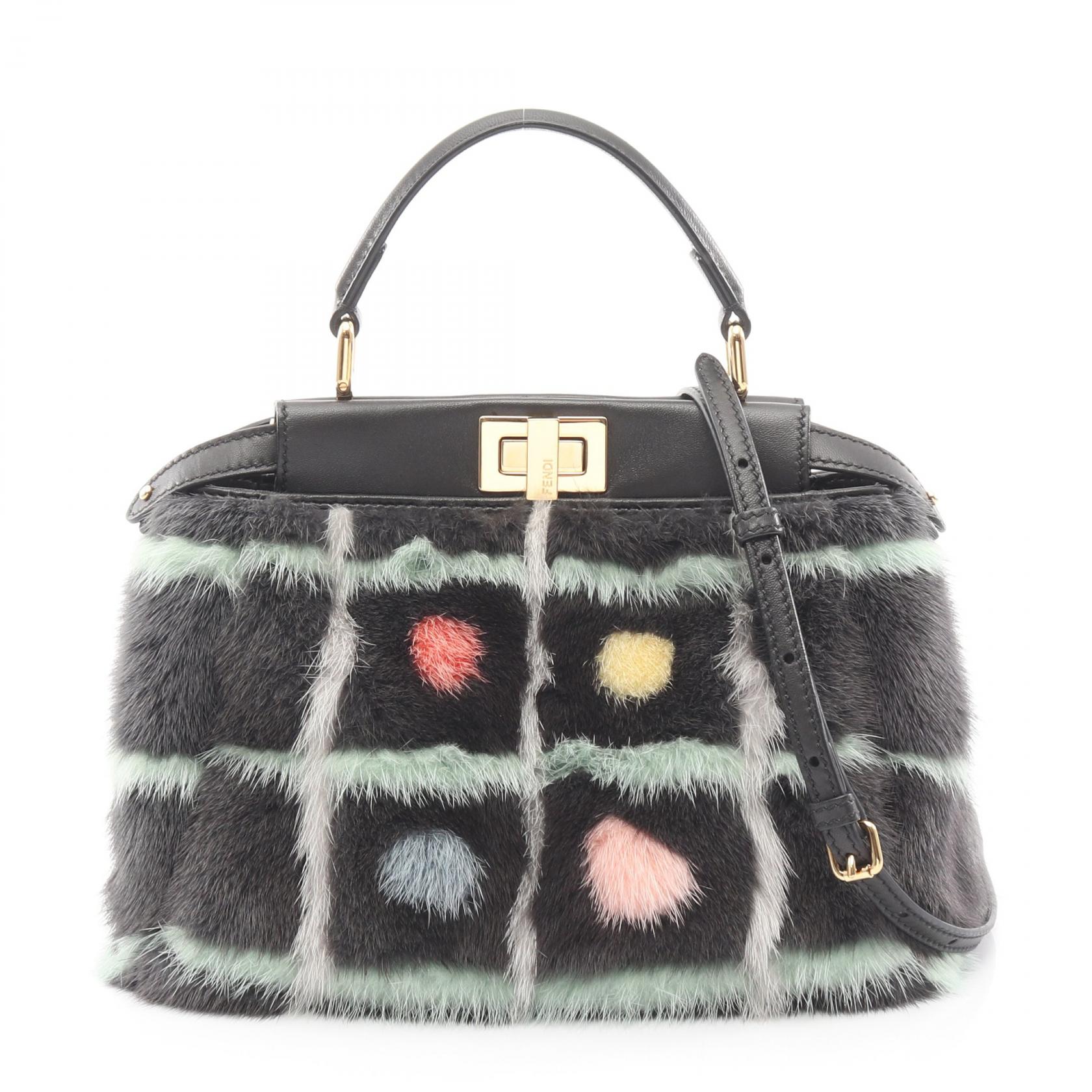フェンディ FENDI ミニピーカブー ハンドバッグ バッグ レザー ファー グレー系 / ブラック系 / マルチカラー 8BN244 【中古】