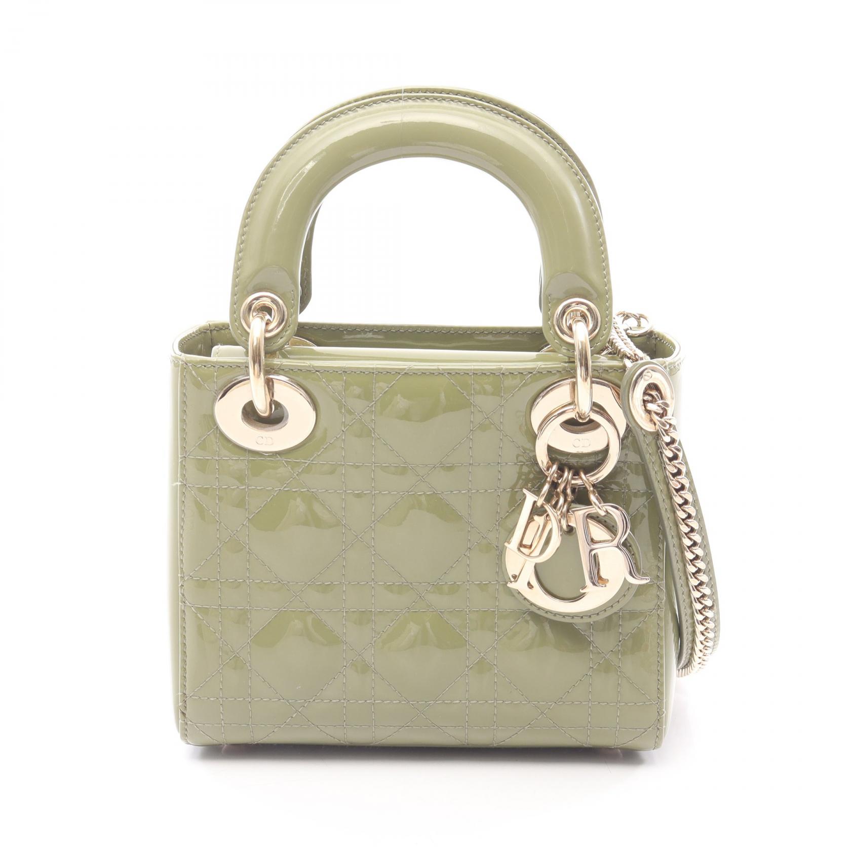 【15%OFFクーポン対象 4/4 20時-4/10 23:59】ディオール Dior レディディオール ミニ カナージュ 2WAY ハンドバッグ バッグ パテントレザー カーキ系 【中古】