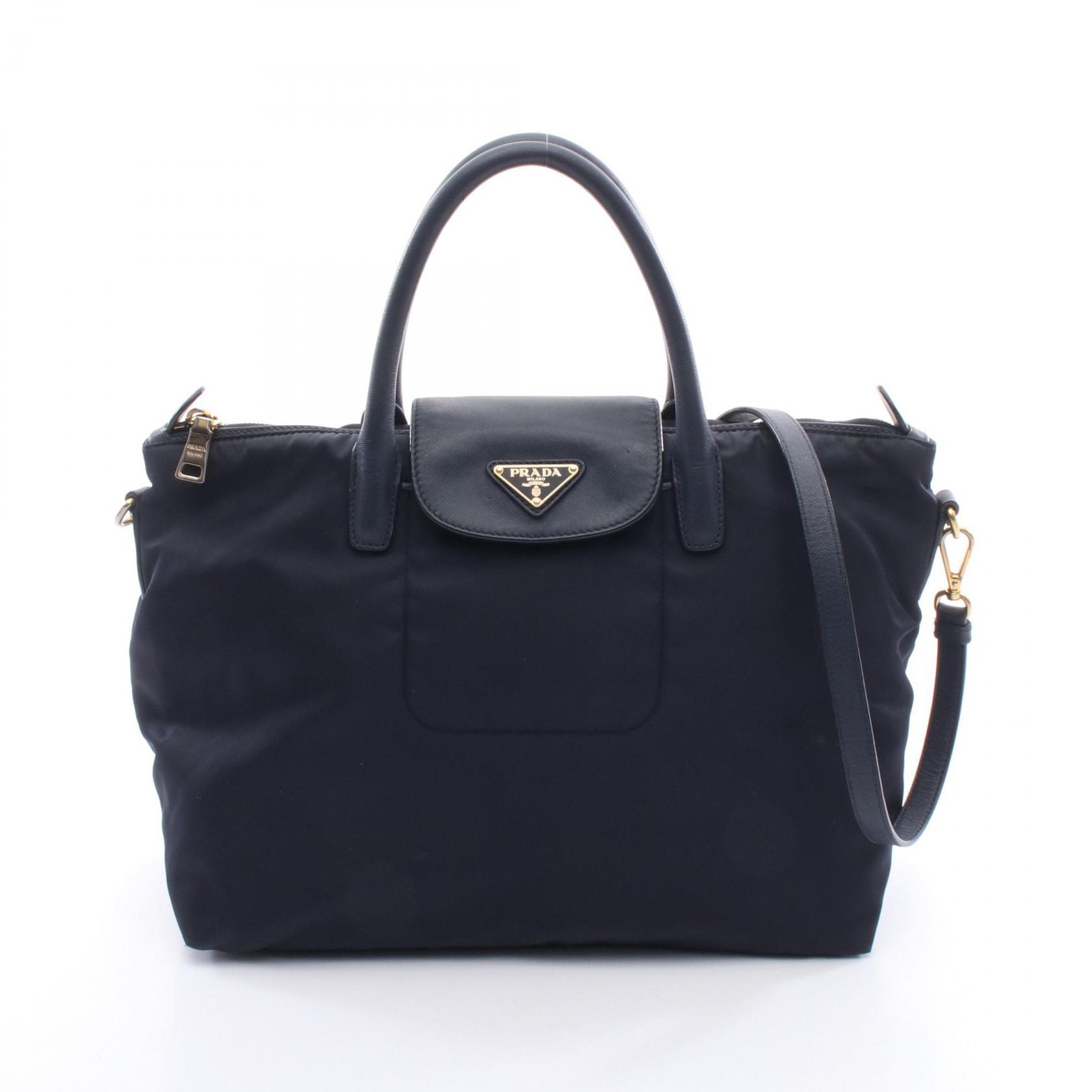 【20%OFFクーポン対象 4/4 20時-4/10 23:59】プラダ PRADA 2WAY ハンドバッグ バッグ ナイロン サフィアーノレザー ネイビー系 【中古】