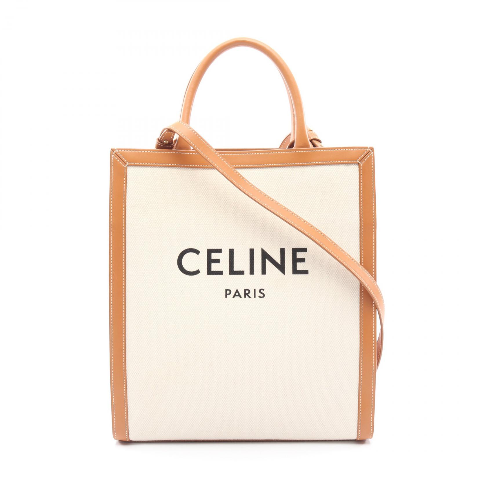 セリーヌ CELINE スモール バーティカル カバ 2WAY トートバッグ バッグ キャンバス レザー ベージュ系 / ブラウン系 【中古】
