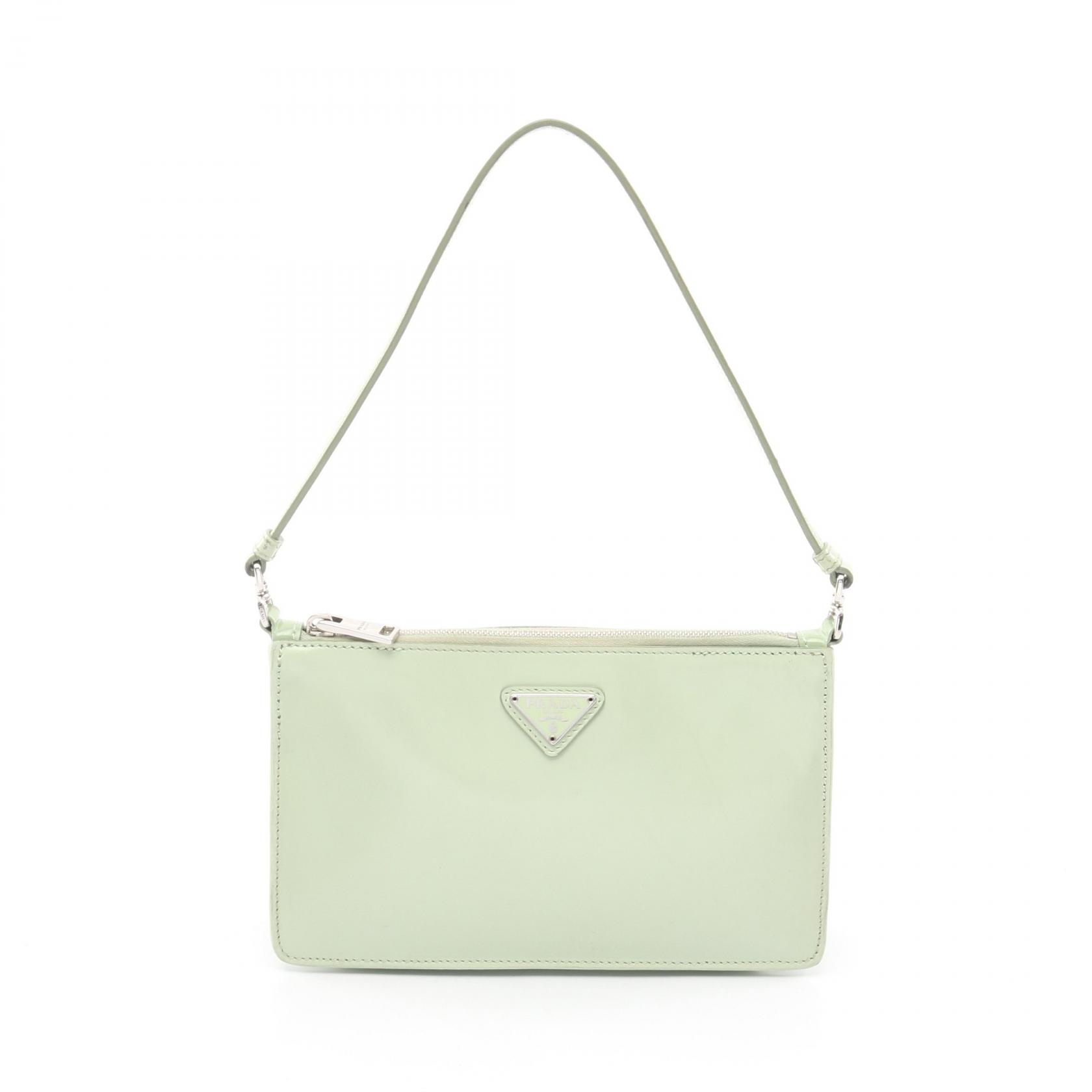 プラダ PRADA トライアングルロゴ アクセサリーポーチ ハンドバッグ バッグ レザー グリーン系 【中古】