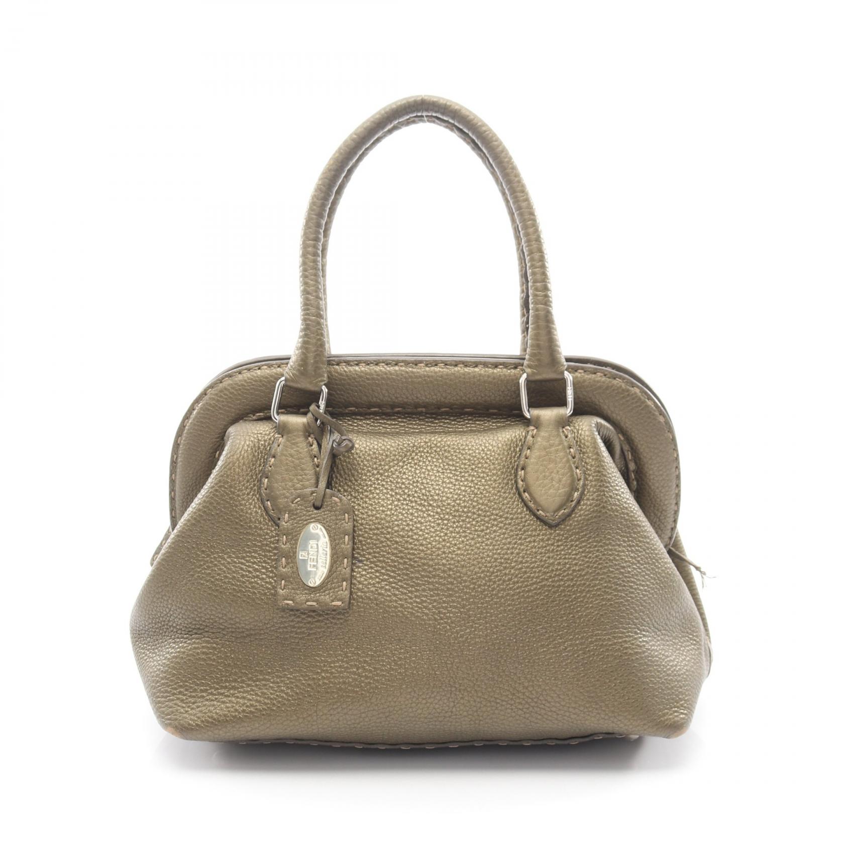フェンディ FENDI セレリア ドクターズバッグ メタリック ハンドバッグ バッグ レザー カーキ系 8BN127 【中古】