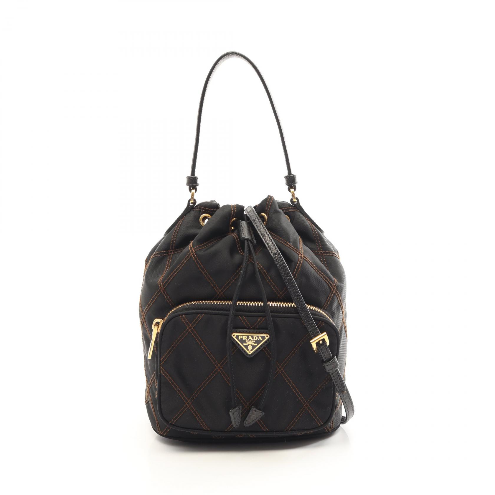 プラダ PRADA デュエット キルティング バケットバッグ 2WAY ハンドバッグ バッグ ナイロン サフィアーノレザー ブラック系 1BH038 【中古】
