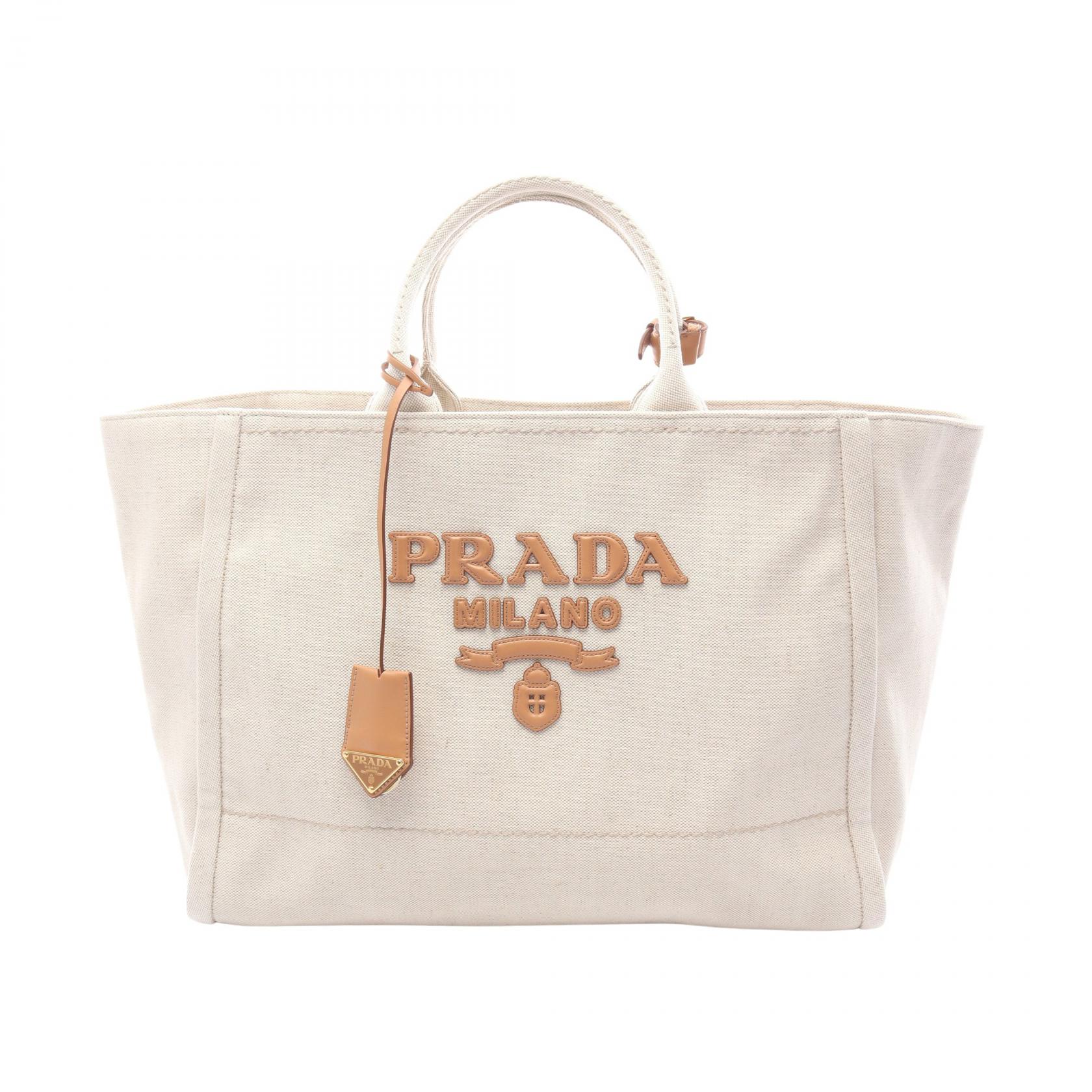 【10%OFFクーポン 7/21 10時~7/26 9:59】プラダ PRADA ジャルディニエール リネンブレンド トートバッグ バッグ キャンバス アイボリー系 / ブラウン系 2VG125 【中古】|RECLO(リクロ)店