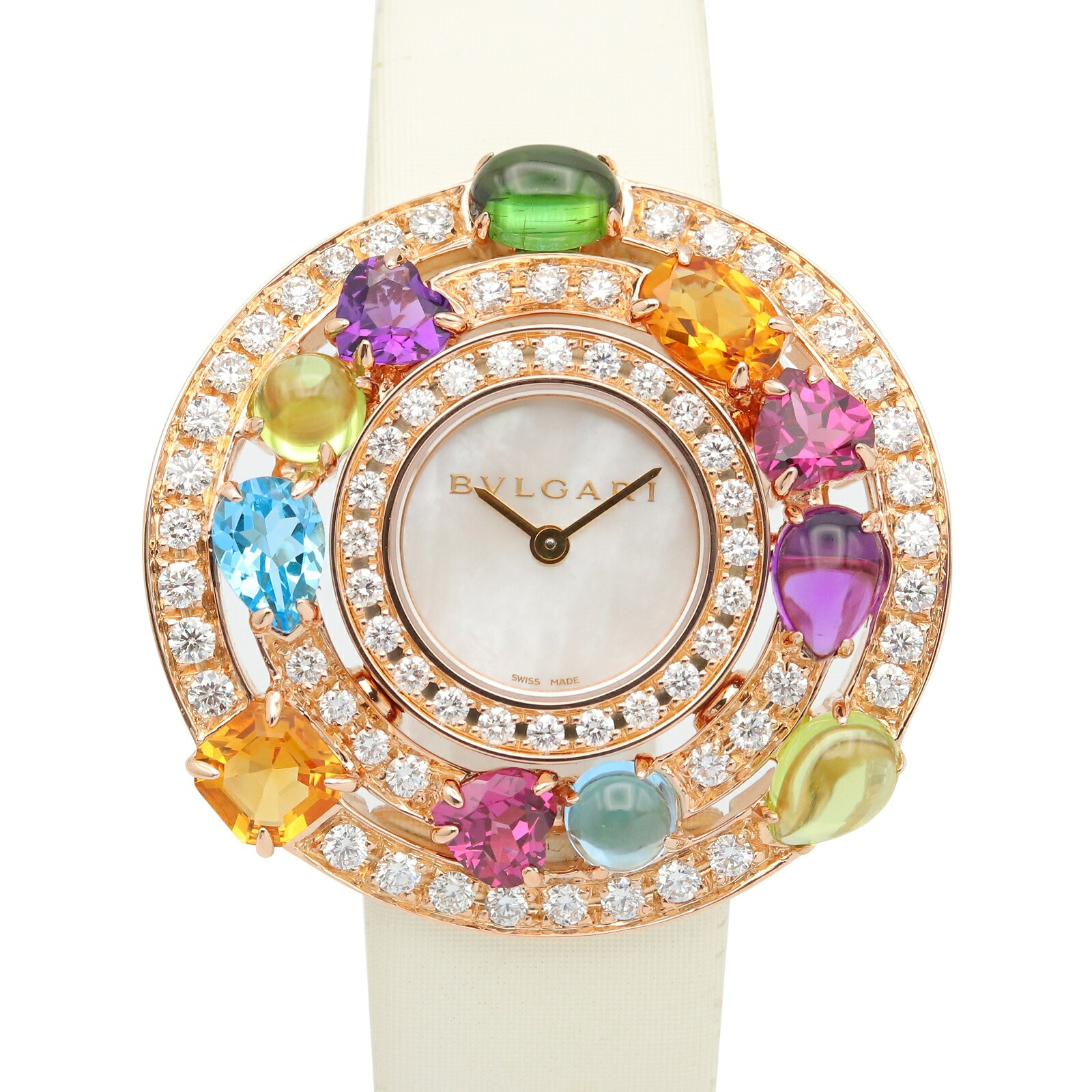 【10%OFFクーポン 7/21 10時~7/26 9:59】ブルガリ BVLGARI アストラーレ チェルキ ダイヤ&カラーストーン 腕時計 時計 K18PG(ピンクゴールド) ダイヤモンド レザーベルト ホワイト系 ホワイトシェル AEP36G 【中古】|RECLO(リクロ)店