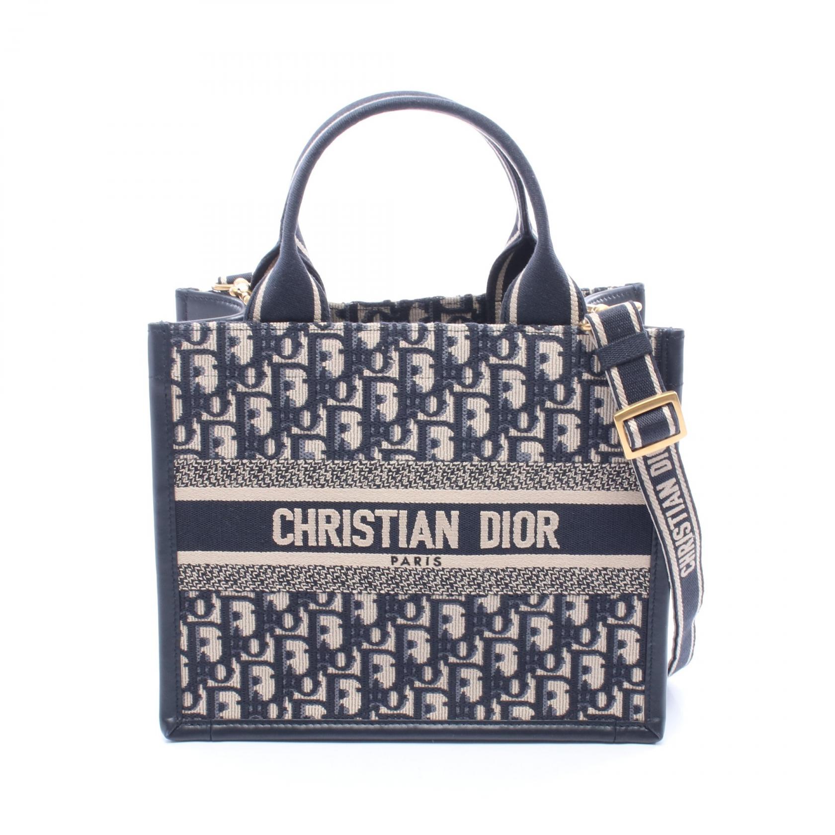 ディオール Dior BOOK TOTE ブックトート スモール オブリーク 2WAY トートバッグ バッグ キャンバス レザー ネイビー系 / ベージュ系 M1325CZBB 【中古】
