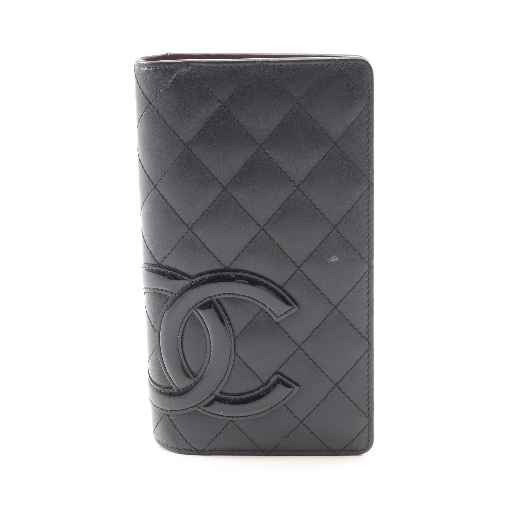シャネル CHANEL カンボンライン 二つ折り長財布 財布 レザー パテントレザー ブラック系 【中古】