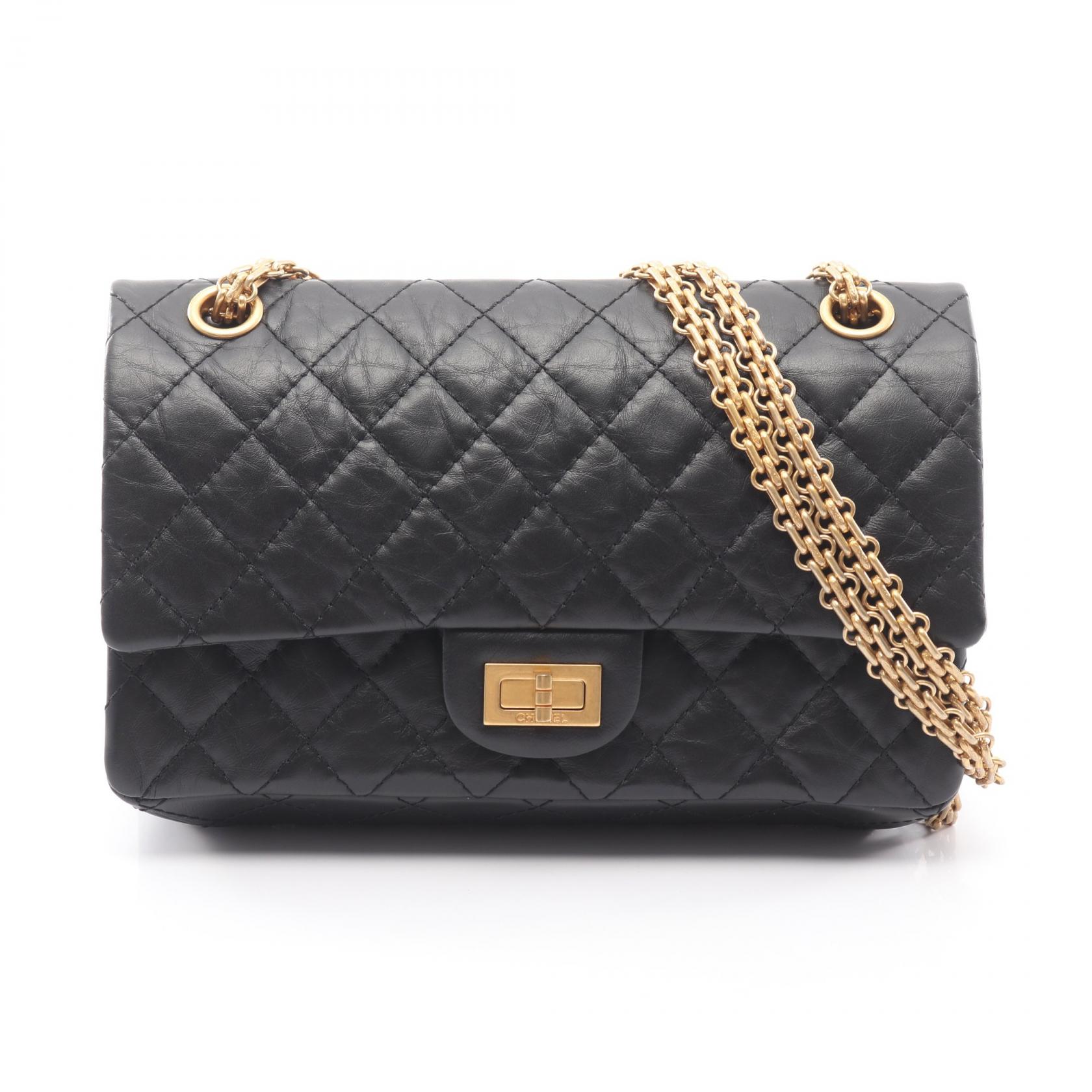 シャネル CHANEL 2.55 マトラッセ マドモアゼルチェーン Wフラップ ショルダーバッグ バッグ カーフ（牛革） ブラック系 A37586 【中古】