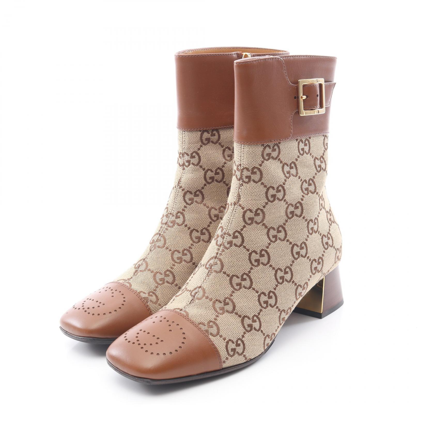 【10%OFFクーポン 7/21 10時～7/26 9:59】グッチ GUCCI GGキャンバス アンクル ブーツ 靴 キャンバス レザー ベージュ系 / ブラウン系 【中古】｜RECLO（リクロ）店