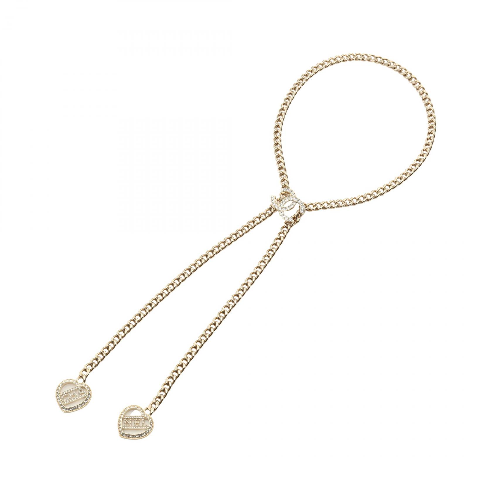 【10%OFFクーポン 7/21 10時～7/26 9:59】シャネル CHANEL ココマーク ダブルハート ネックレス ジュエリー GP（ゴールドメッキ） ラインストーン ゴールド系 / クリア系 ABB644 【中古】｜RECLO（リクロ）店