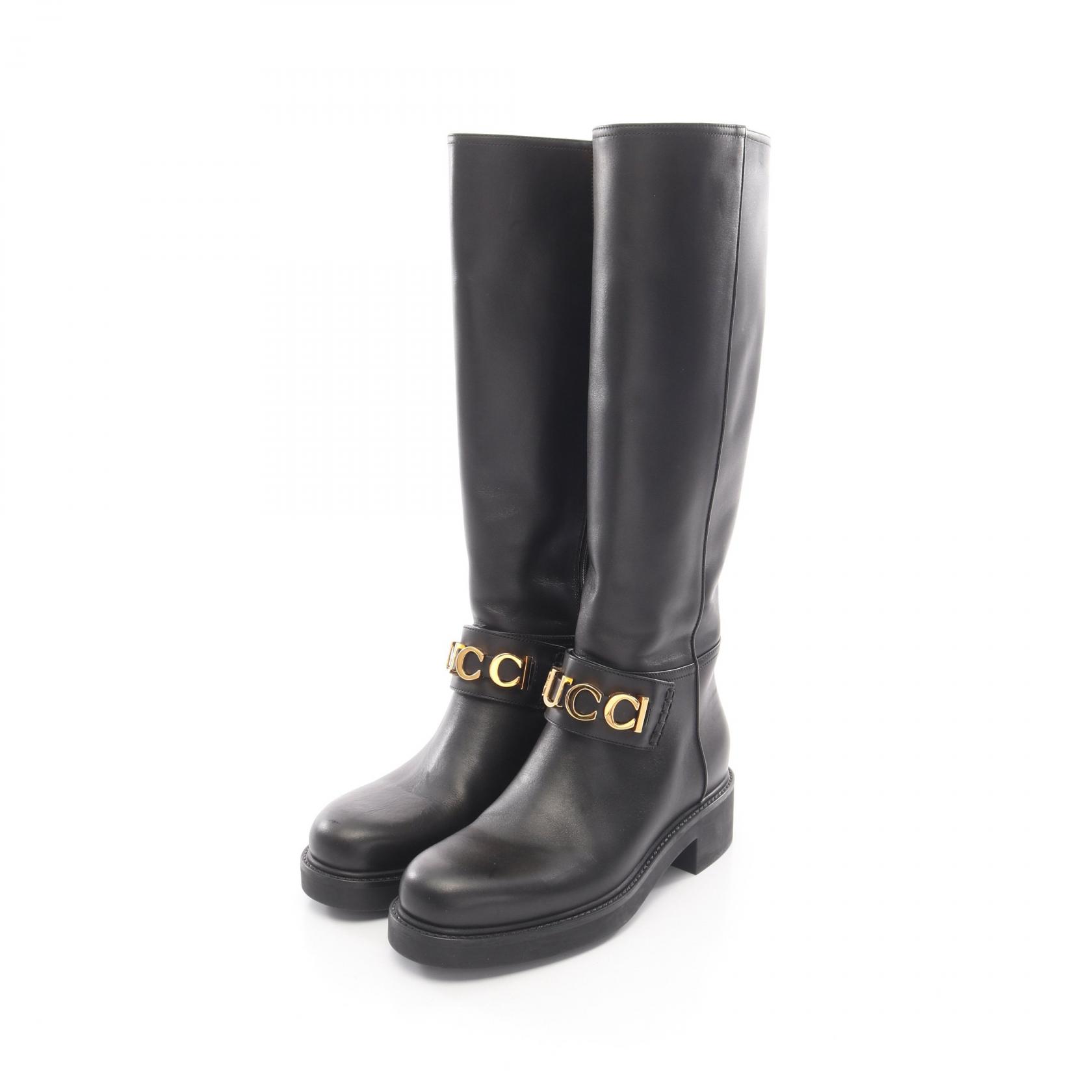 【10%OFFクーポン 7/21 10時～7/26 9:59】グッチ GUCCI ロゴ ロング ブーツ 靴 レザー ブラック系 752517 【中古】｜RECLO（リクロ）店