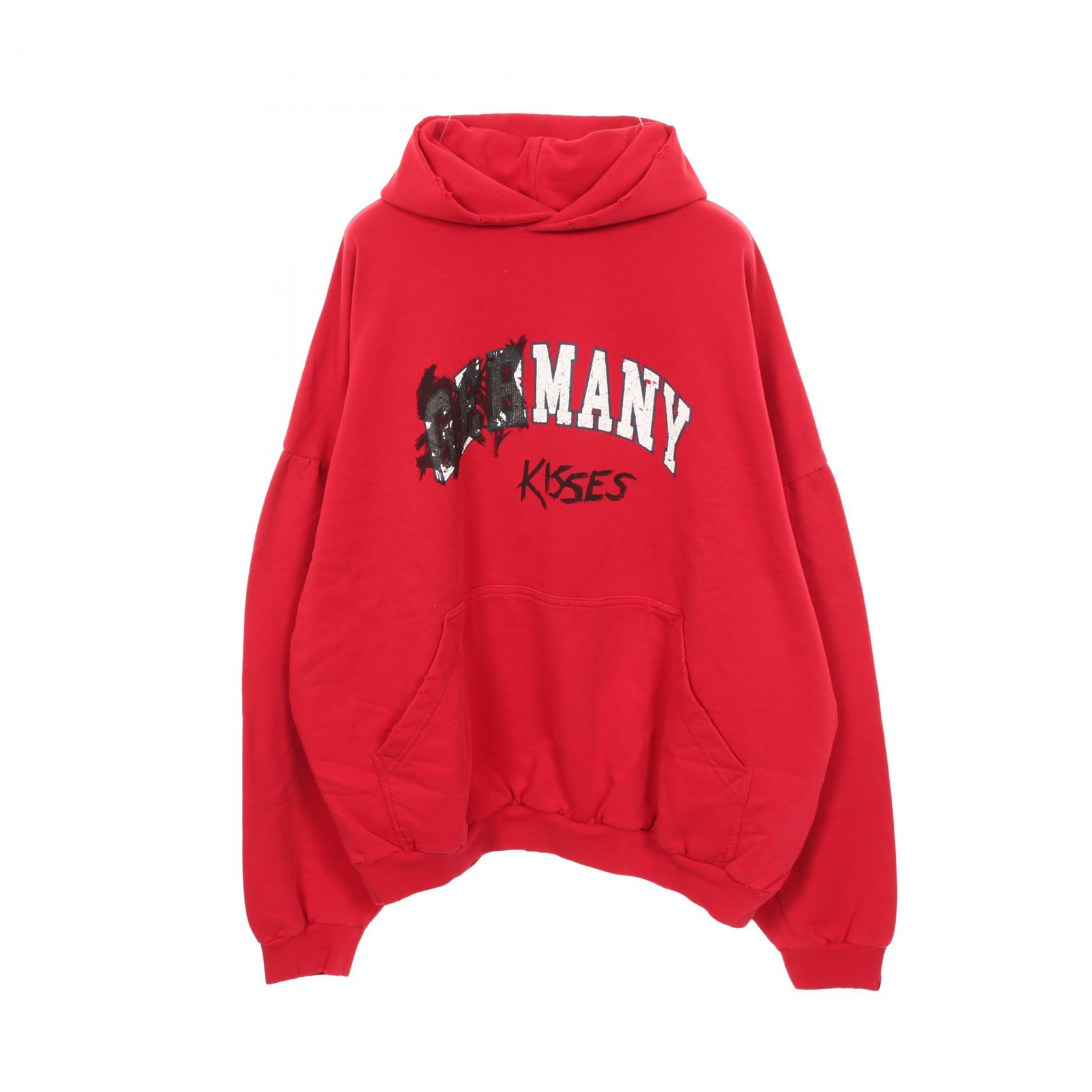 【10%OFFクーポン 7/21 10時~7/26 9:59】バレンシアガ BALENCIAGA MANY KISSES ダメージ加工 パーカー 衣料品 トップス コットン レッド系 761458 【中古】|RECLO(リクロ)店
