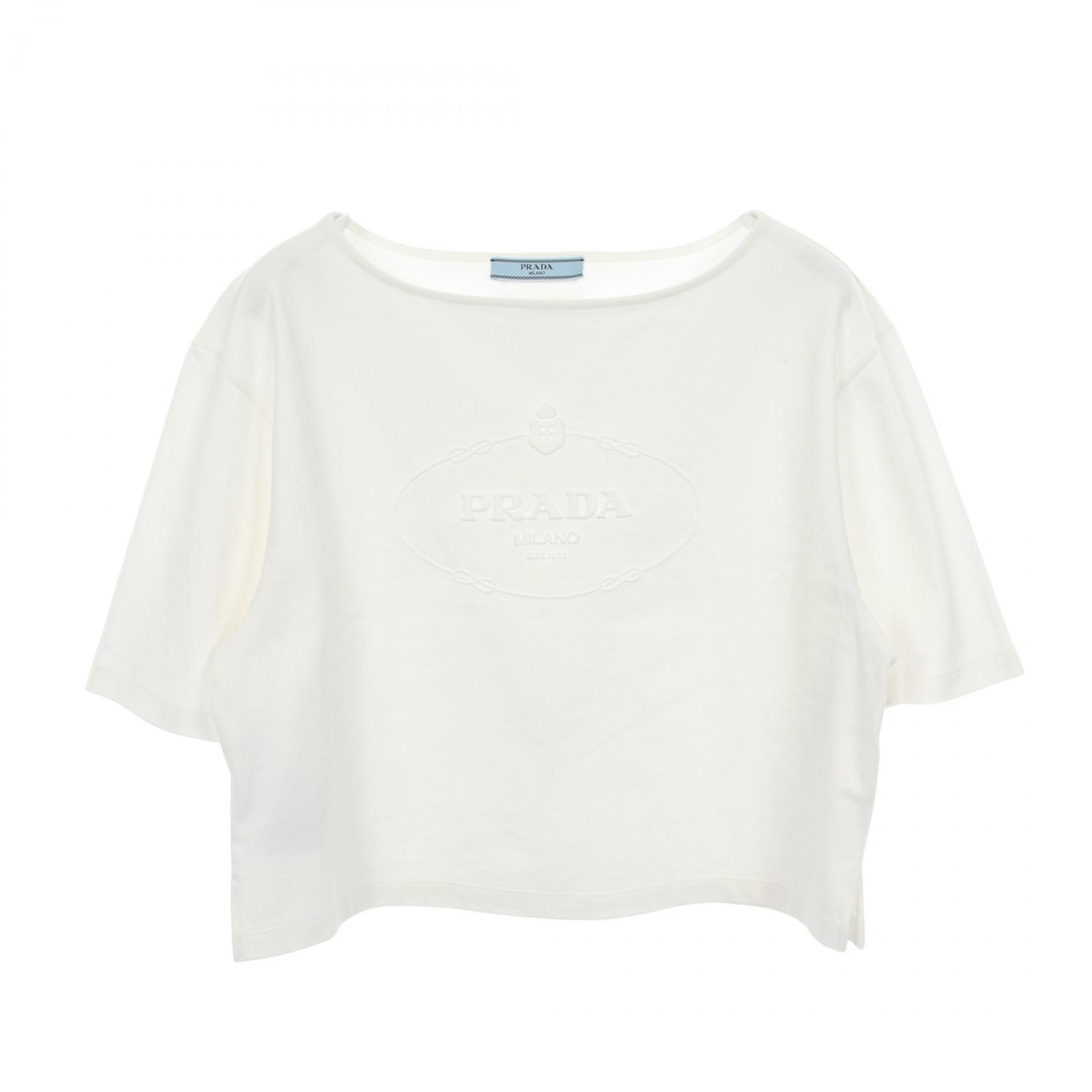 【10%OFFクーポン 7/21 10時~7/26 9:59】プラダ PRADA エンボスロゴ 半袖Tシャツ 衣料品 トップス コットン ホワイト系 【中古】|RECLO(リクロ)店
