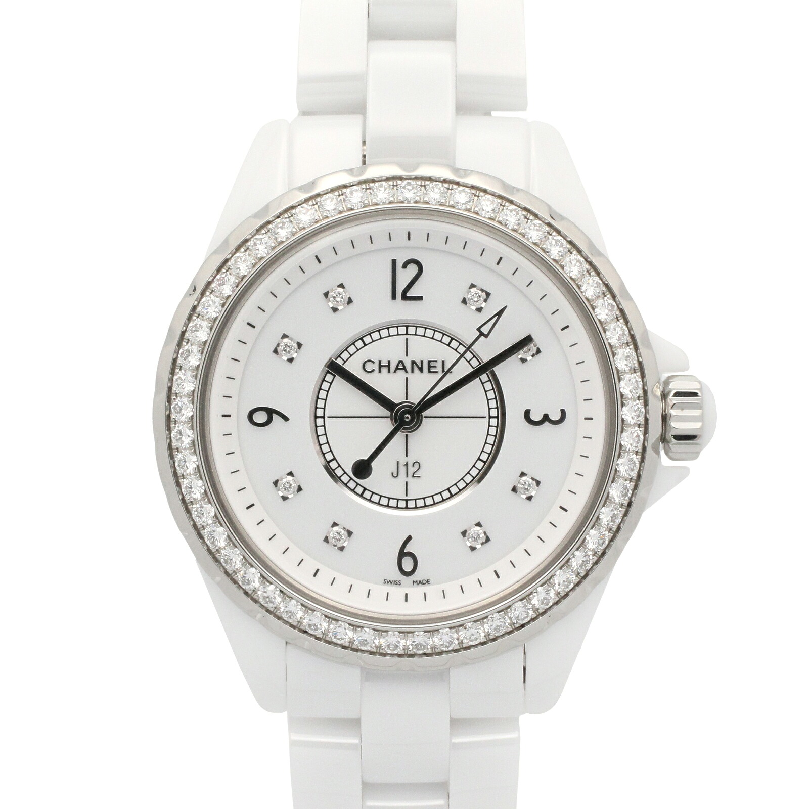 【10%OFFクーポン 7/21 10時～7/26 9:59】シャネル CHANEL J12 ダイヤベゼル/8Pダイヤ 腕時計 時計 セラミック ダイヤモンド ホワイト系 H3110 【中古】｜RECLO（リクロ）店