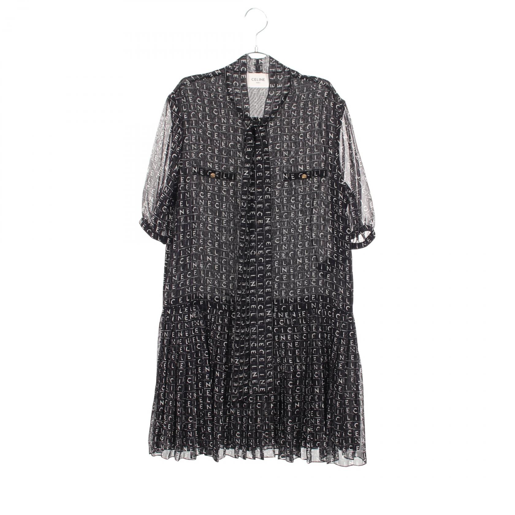 【10%OFFクーポン 7/18 0時~7/21 9:59】セリーヌ CELINE トリオンフボタン 総柄 プリーツ ボウタイ付き ワンピース 衣料品 トップス シルク ブラック系 2R91H904U 【中古】|RECLO(リクロ)店
