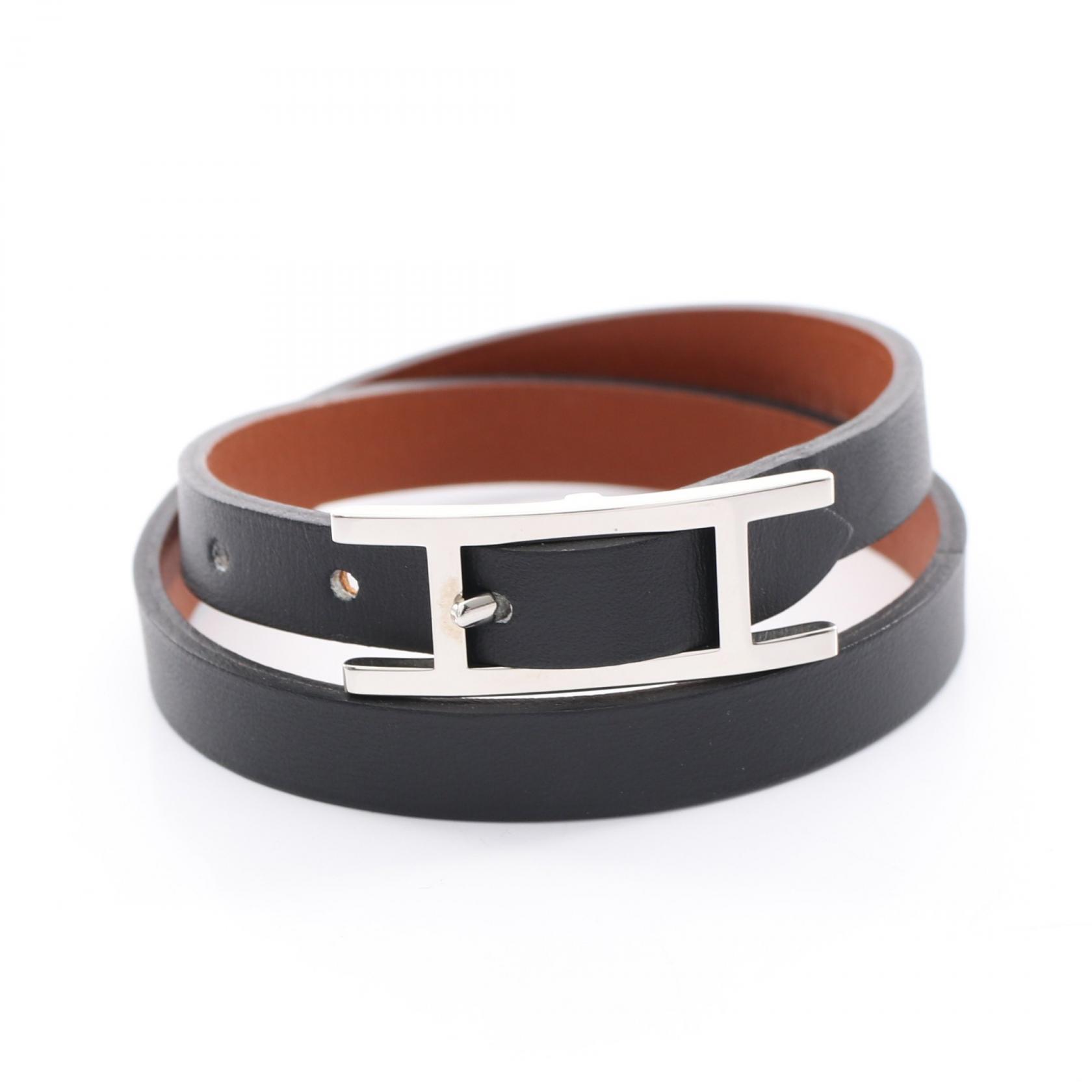 【10%OFFクーポン 7/21 10時~7/26 9:59】エルメス HERMES ビーアピ ドゥブルトゥール シルバー金具 リバーシブル ブレスレット アクセサリー レザー ブラック系 【中古】|RECLO(リクロ)店