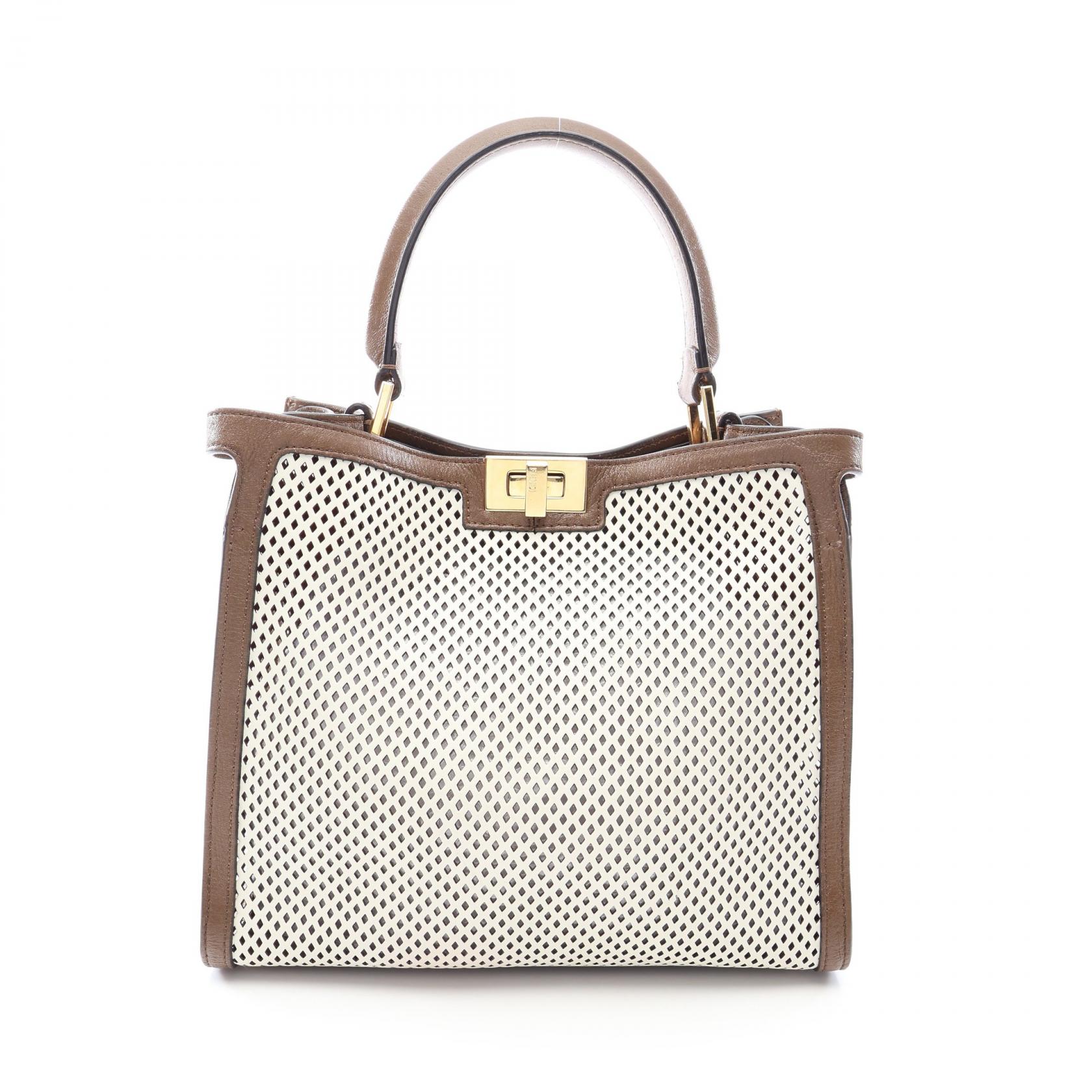 【10%OFFクーポン 7/21 10時~7/26 9:59】フェンディ FENDI ピーカブー エックスライト ミディアム パンチング ハンドバッグ バッグ レザー ホワイト系 / ブラウン系 8BN310 【中古】|RECLO(リクロ)店