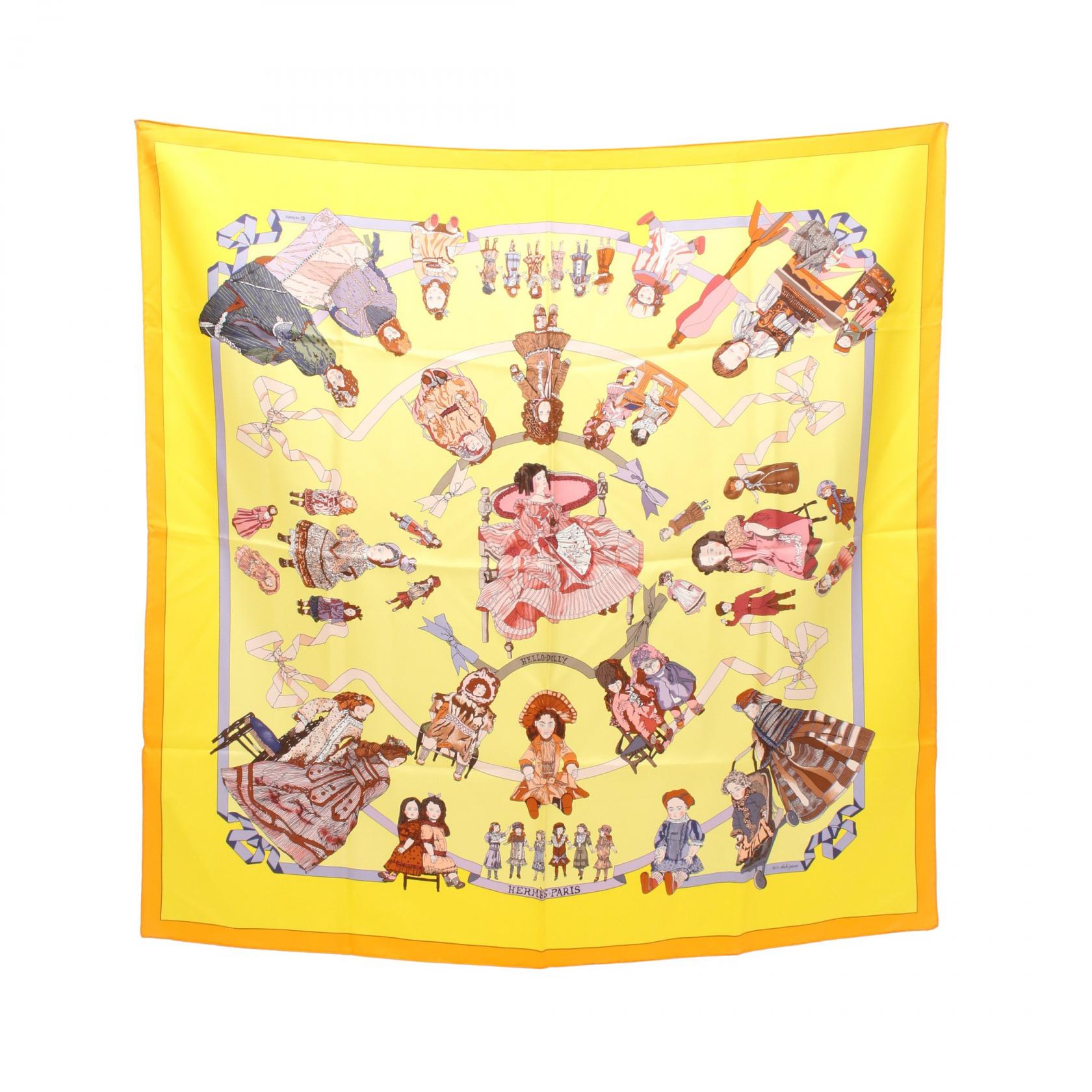 エルメス HERMES カレ90 HELLO DOLLY スカーフ 衣料品 シルク シルク イエロー系 / マルチカラー 【中古】｜RECLO（リクロ）店