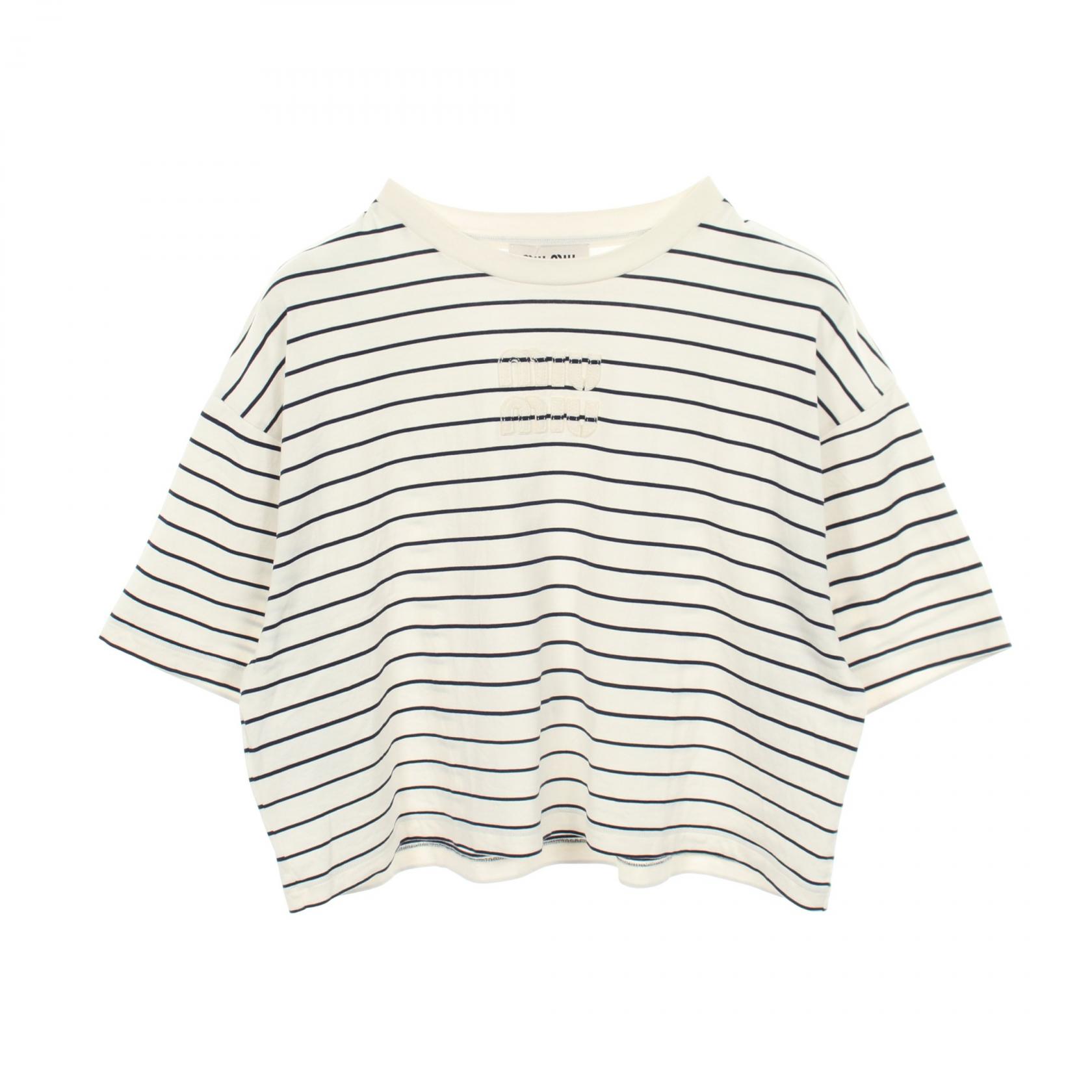 【10%OFFクーポン 7/21 10時～7/26 9:59】ミュウ ミュウ Miu Miu ロゴ ボーダー クロップド 半袖Tシャツ 衣料品 トップス コットン ホワイト系 / ネイビー系 【中古】｜RECLO（リクロ）店