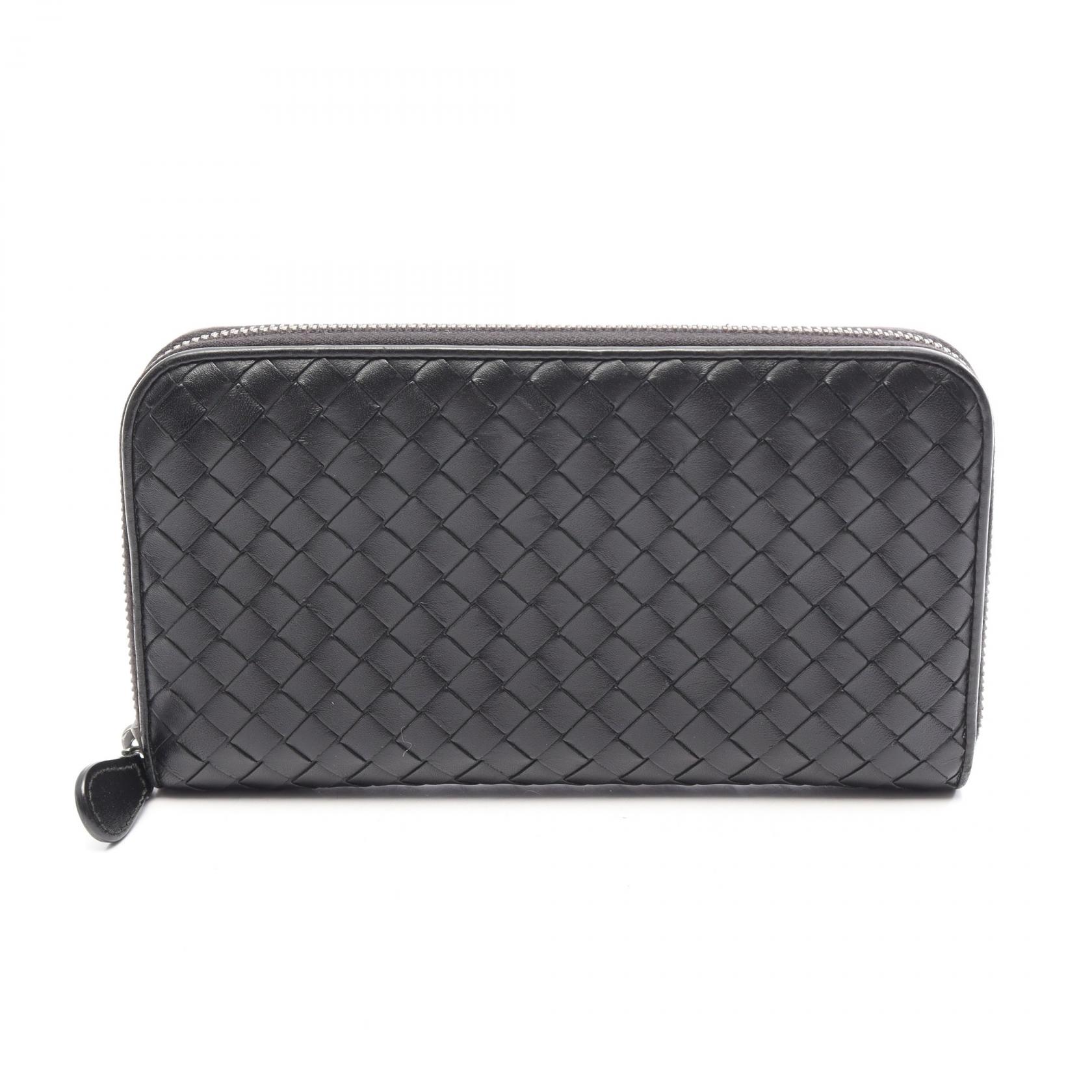 【10%OFFクーポン 7/21 10時～7/26 9:59】ボッテガヴェネタ BOTTEGA VENETA イントレチャート ラウンド長財布 財布 レザー ブラック系 【中古】｜RECLO（リクロ）店